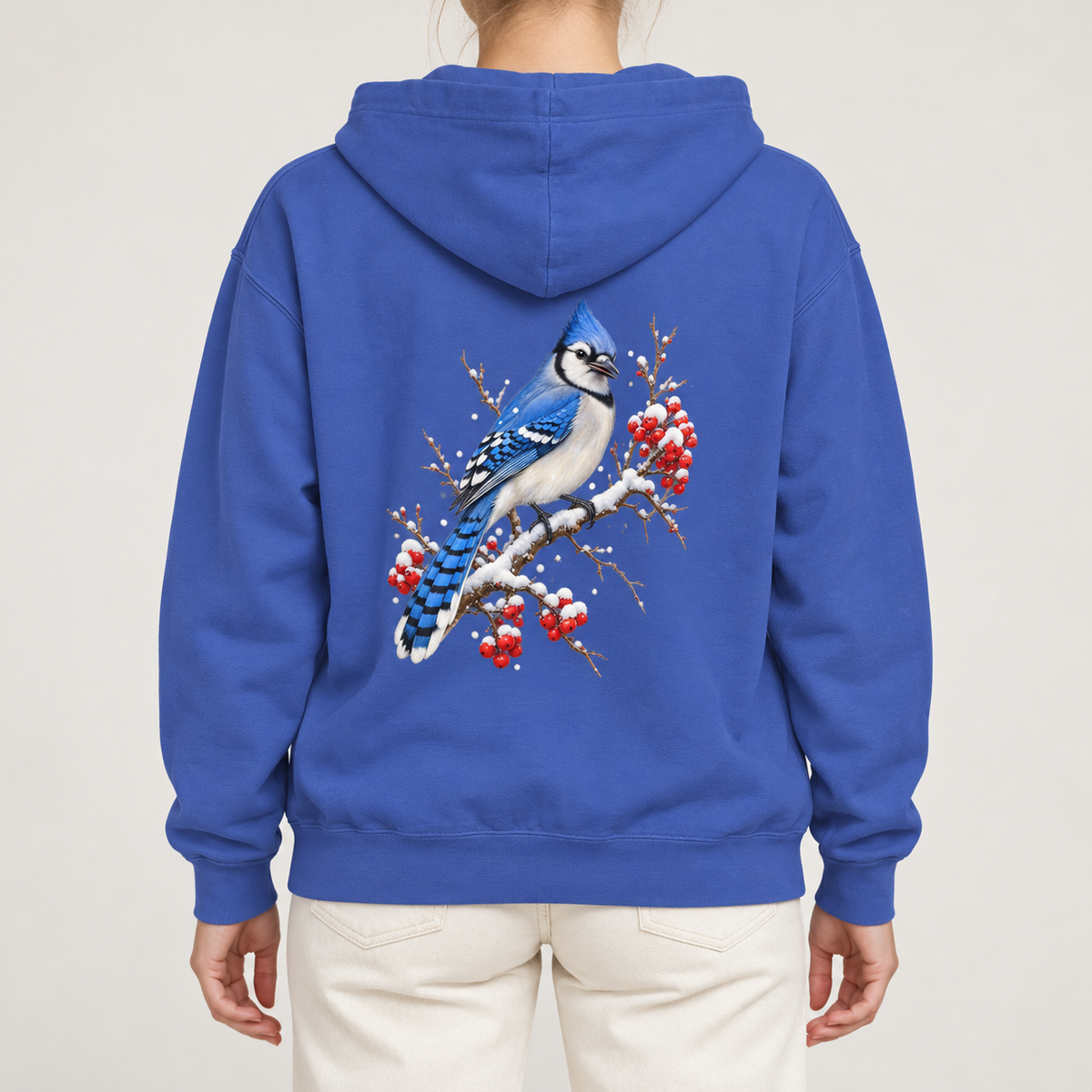 Blue Jay Winterberry hoodie in Flo Blue, worn, back view of the blue jay and winterberry print