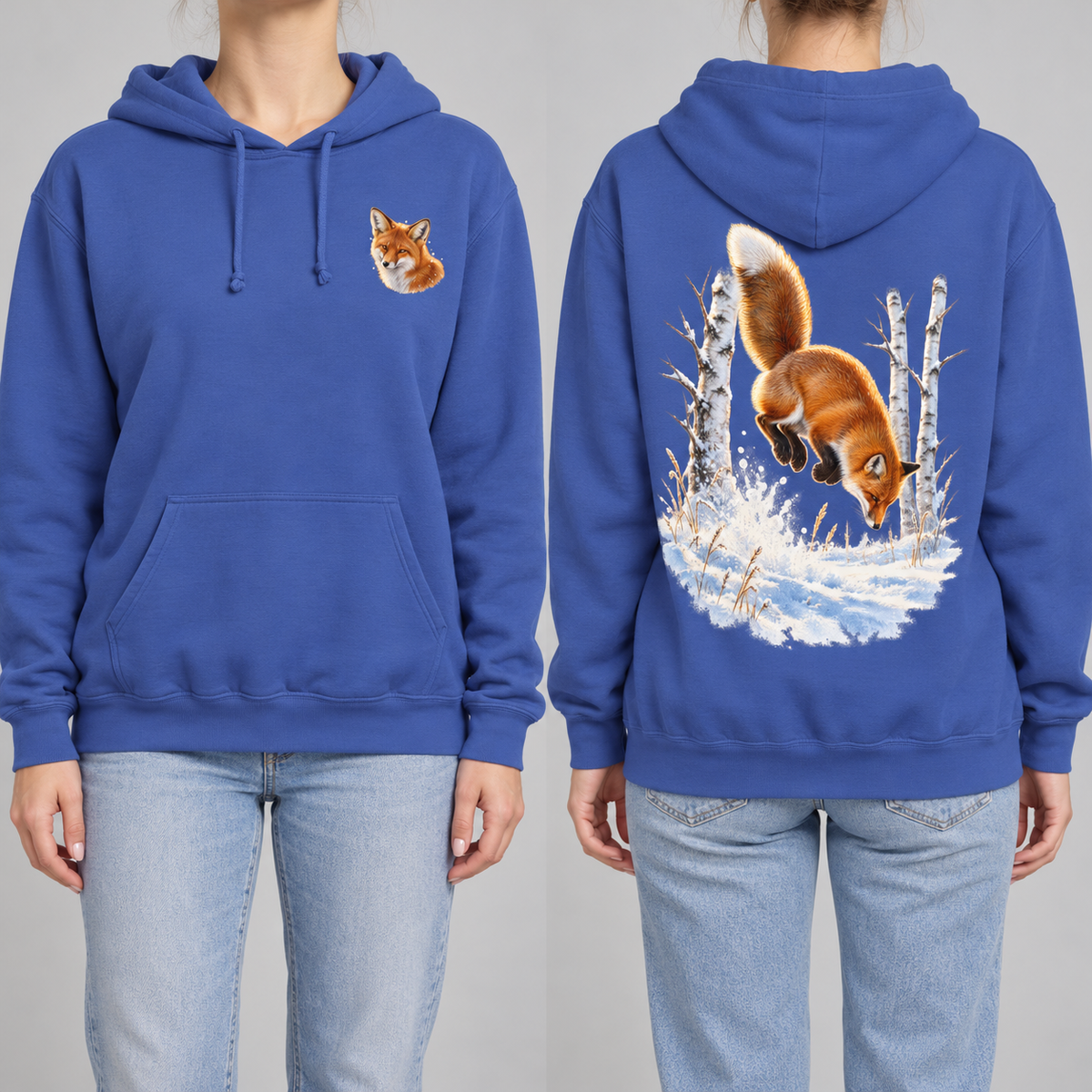 Red Fox Pounce hoodie in Flo Blue, front fox crest and back pounce print