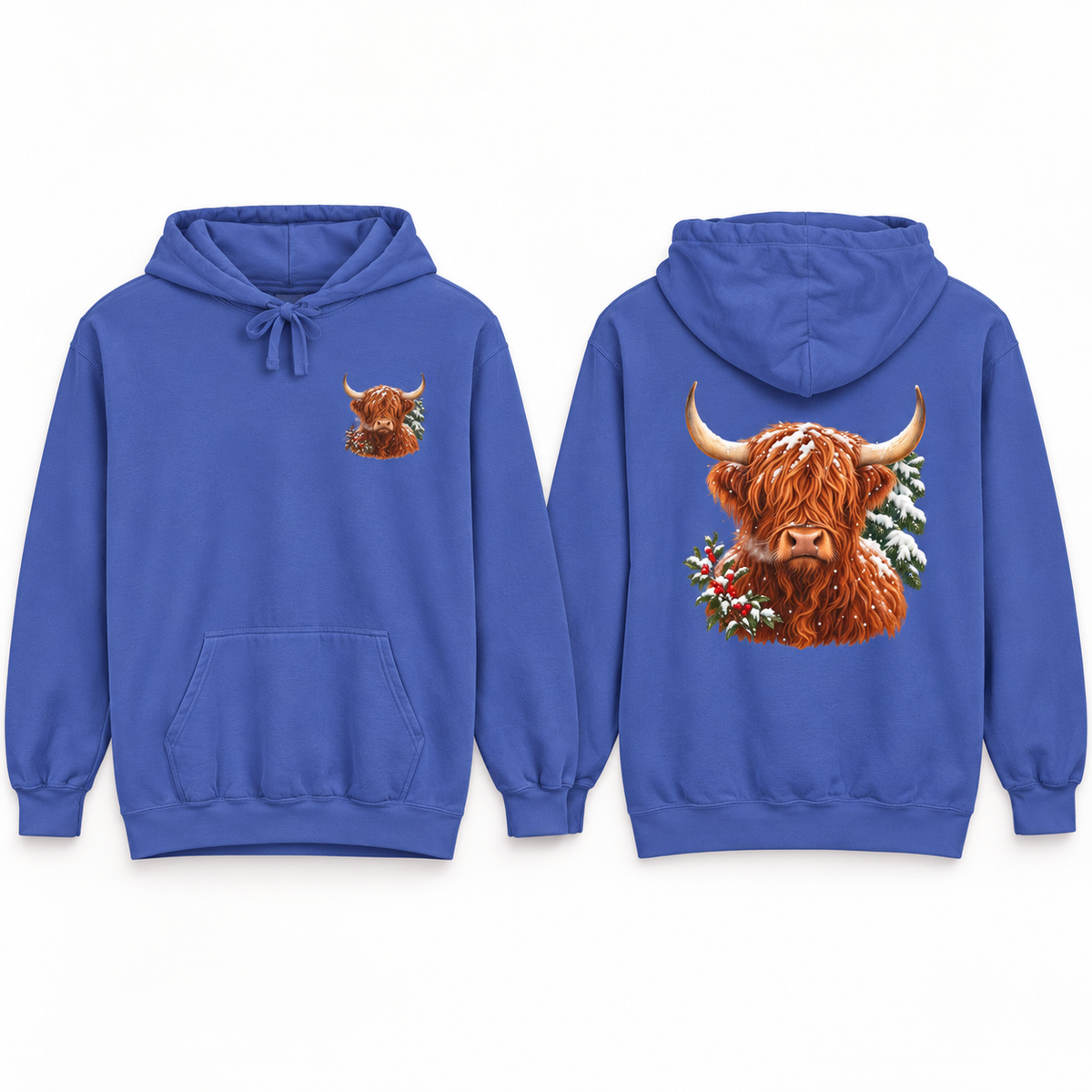 Winter Highland Cow hoodie in Flo Blue, front crest and back portrait shown side by side