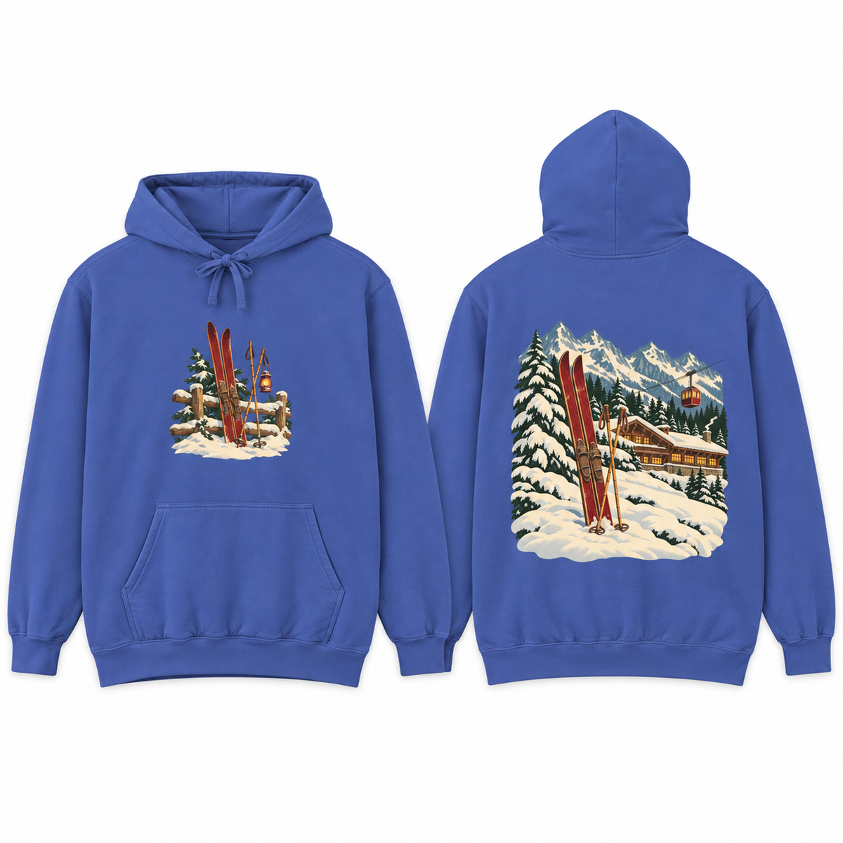 Vintage Ski Lodge hoodie in Flo Blue, front and back prints side by side