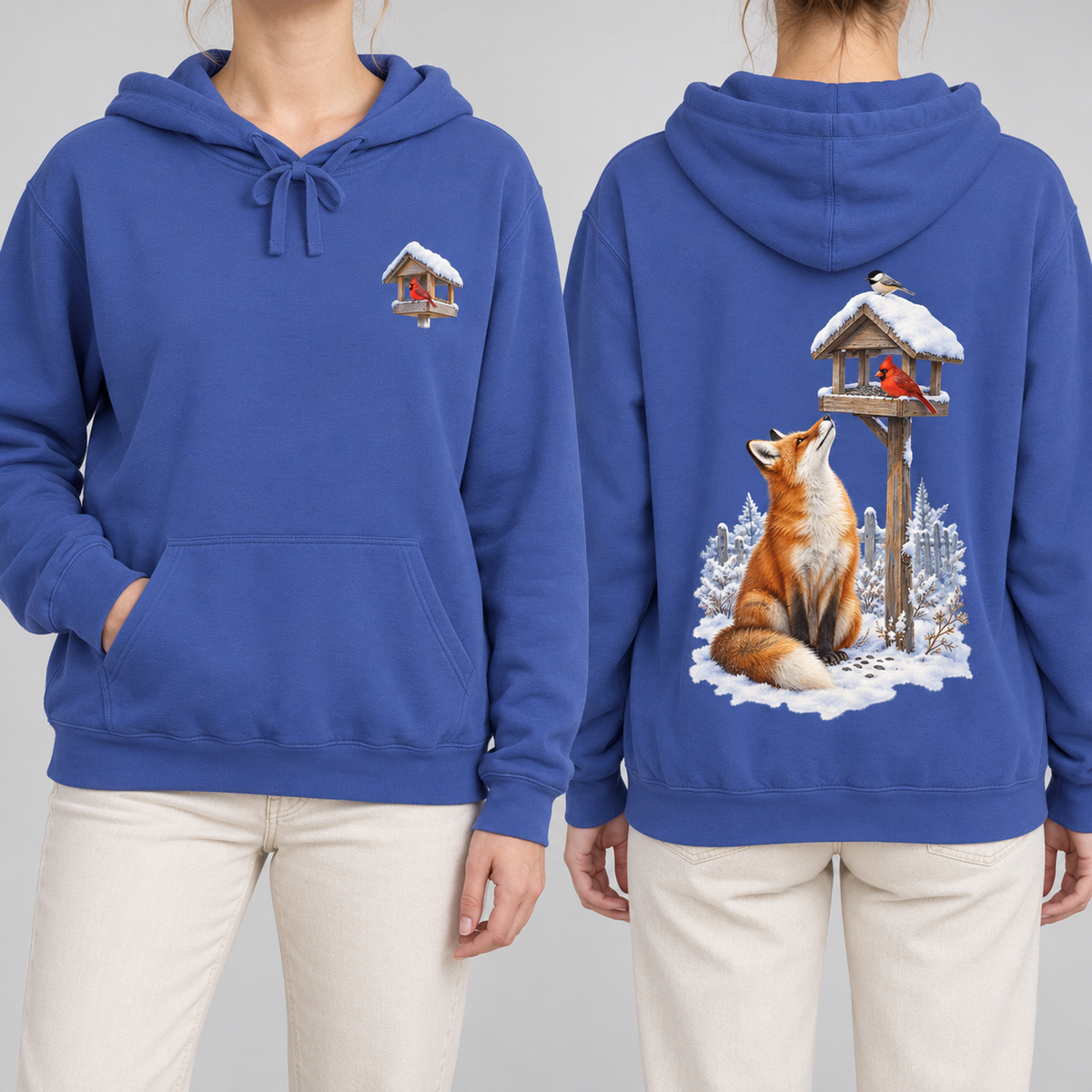 Beneath the Feeder hoodie in Flo Blue, front cardinal feeder crest and back fox print