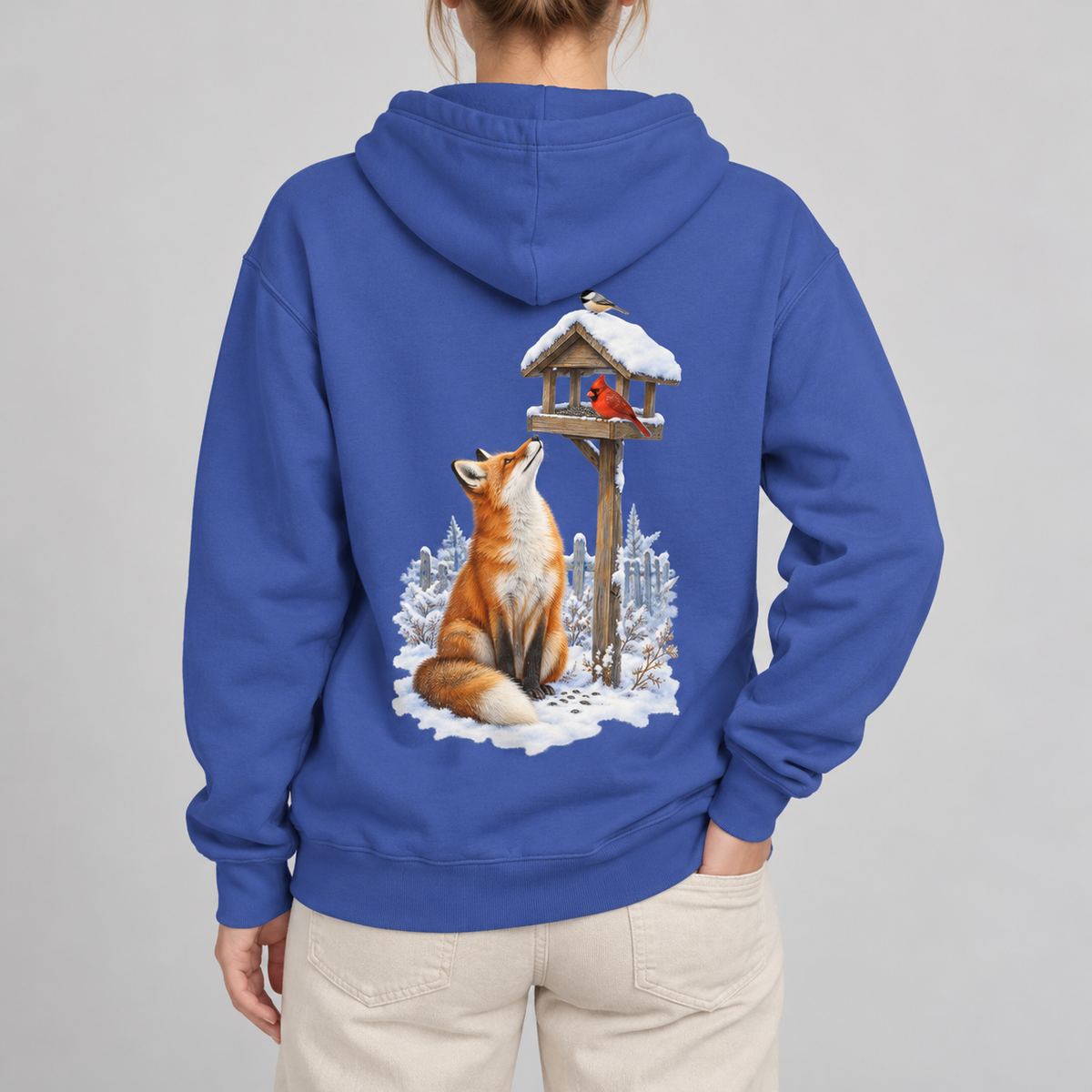 Beneath the Feeder hoodie in Flo Blue, back view of the red fox and cardinal feeder print