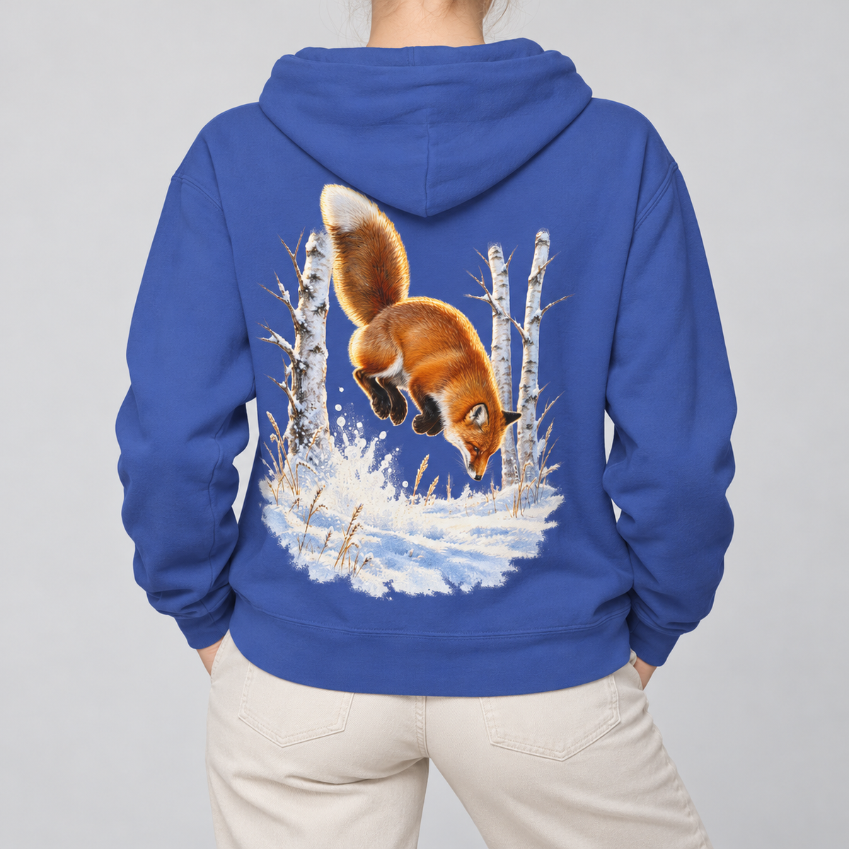 Red Fox Pounce hoodie in Flo Blue, back view of the snowy red fox print