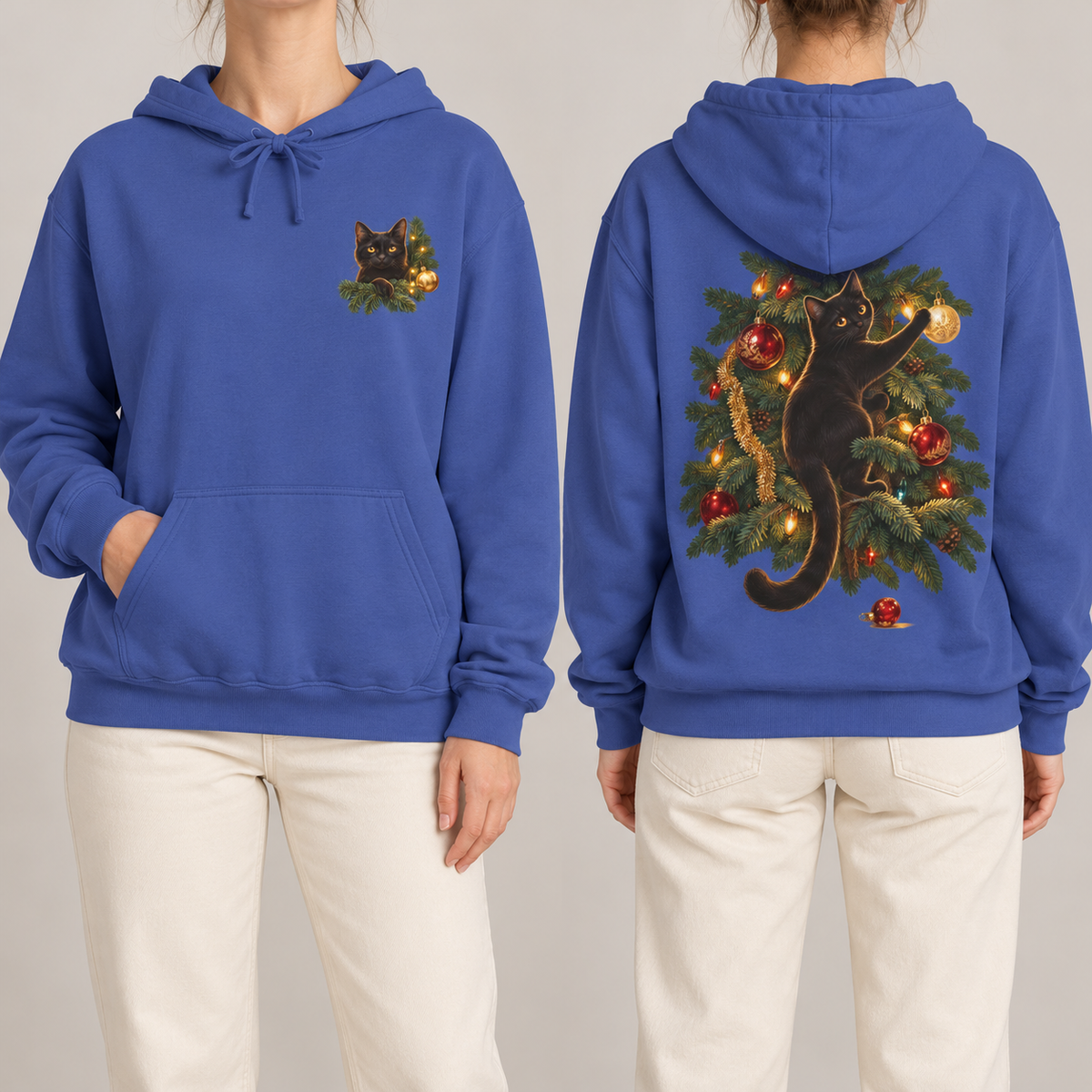 Black Cat Christmas hoodie in Flo Blue, front crest and back scene shown side by side