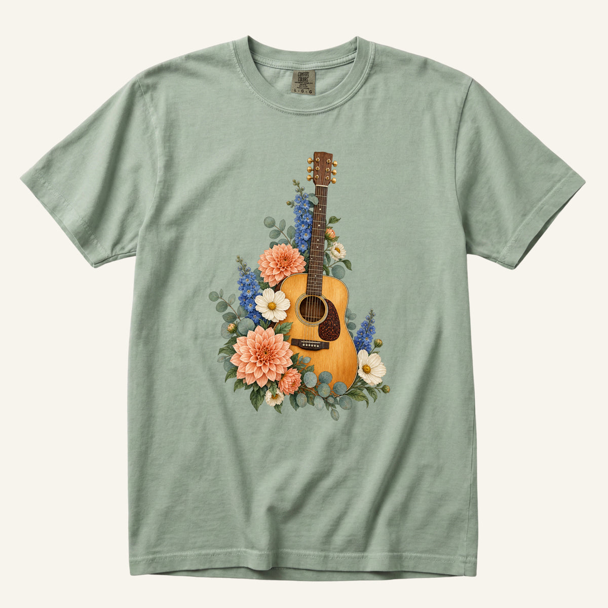 Floral Acoustic Guitar T-Shirt in Bay — gift for guitar players on garment-dyed cotton