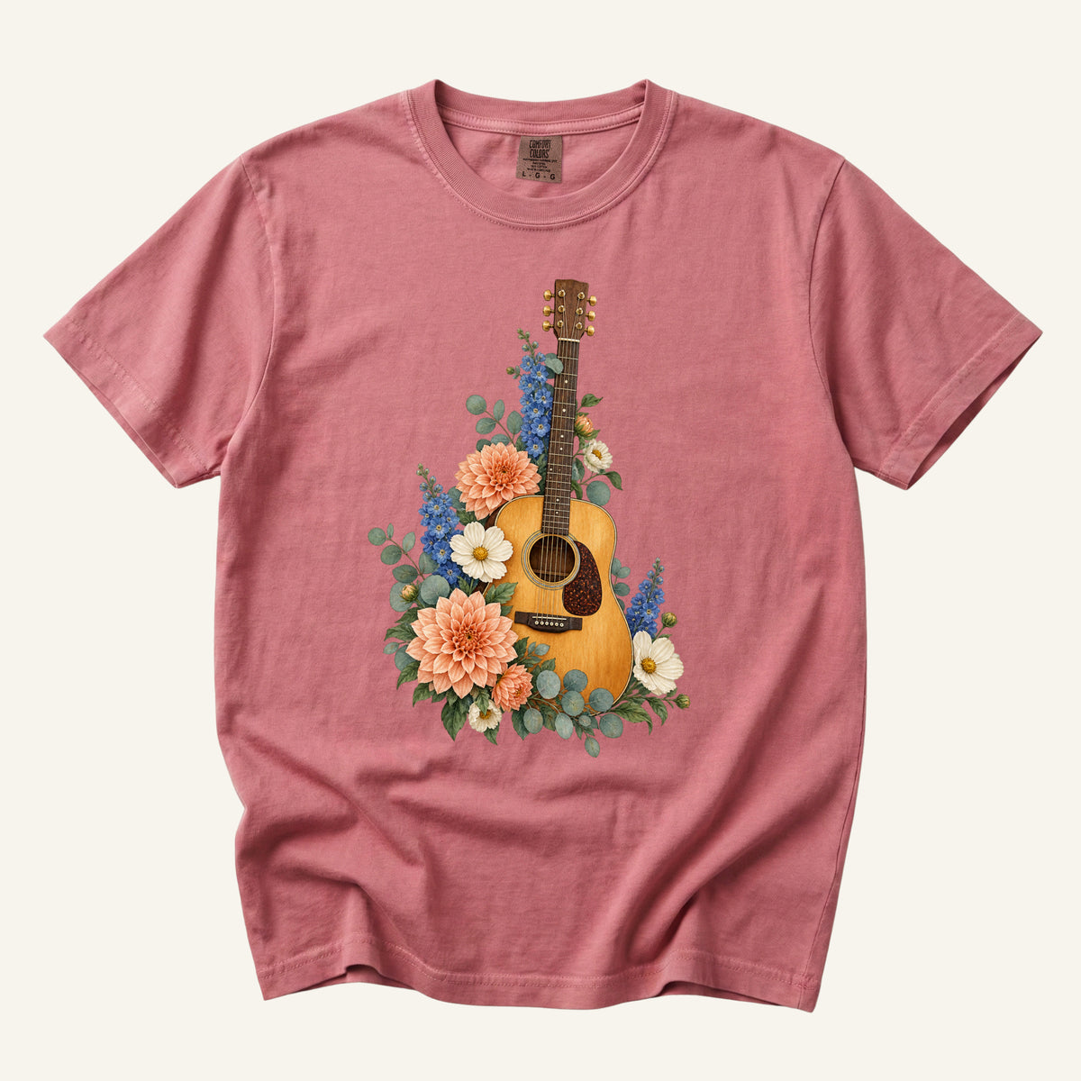 Floral Acoustic Guitar T-Shirt in Crimson — botanical acoustic guitar design, made to order in the USA