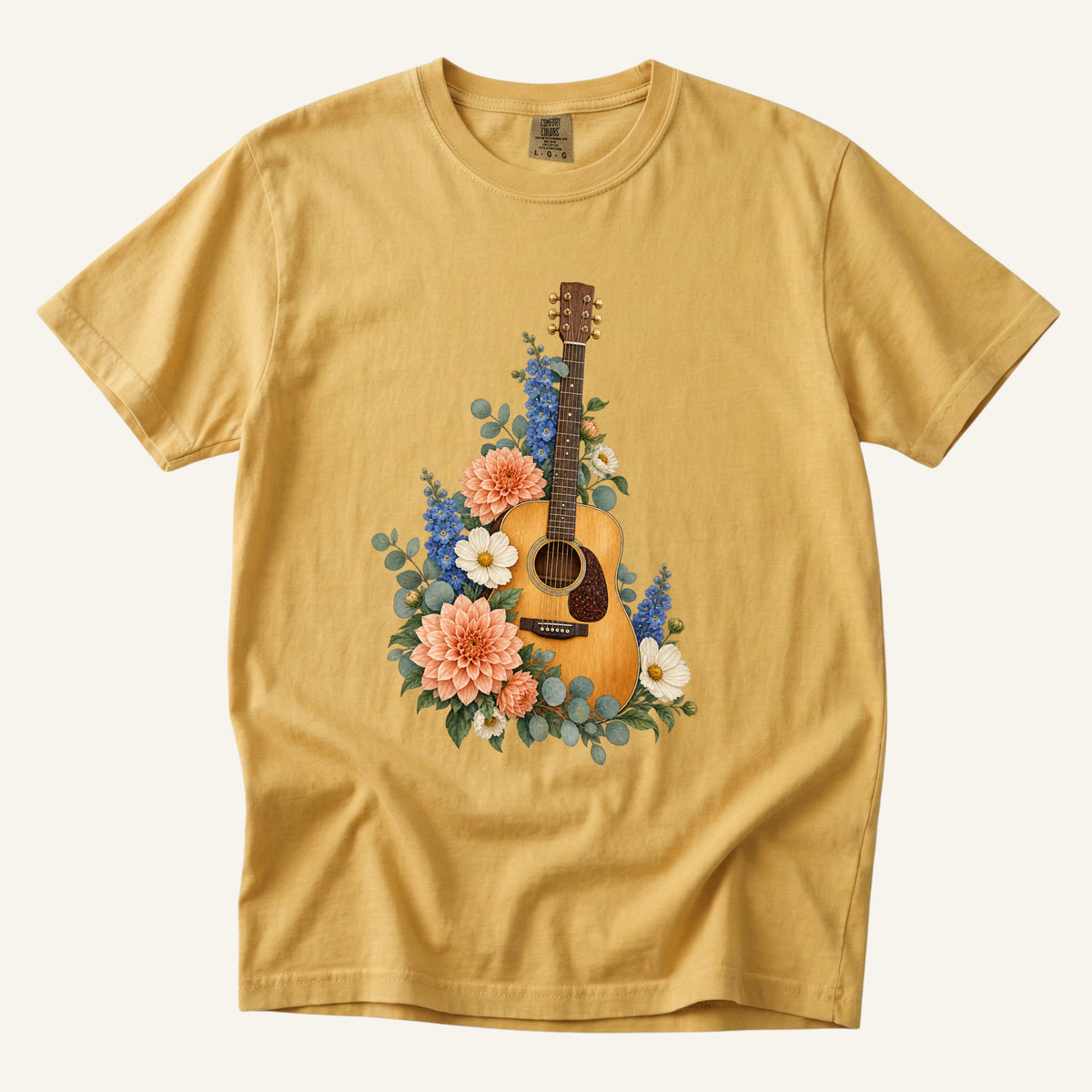 Floral Acoustic Guitar T-Shirt in Mustard — guitar with cosmos and eucalyptus, sizes S to 4XL