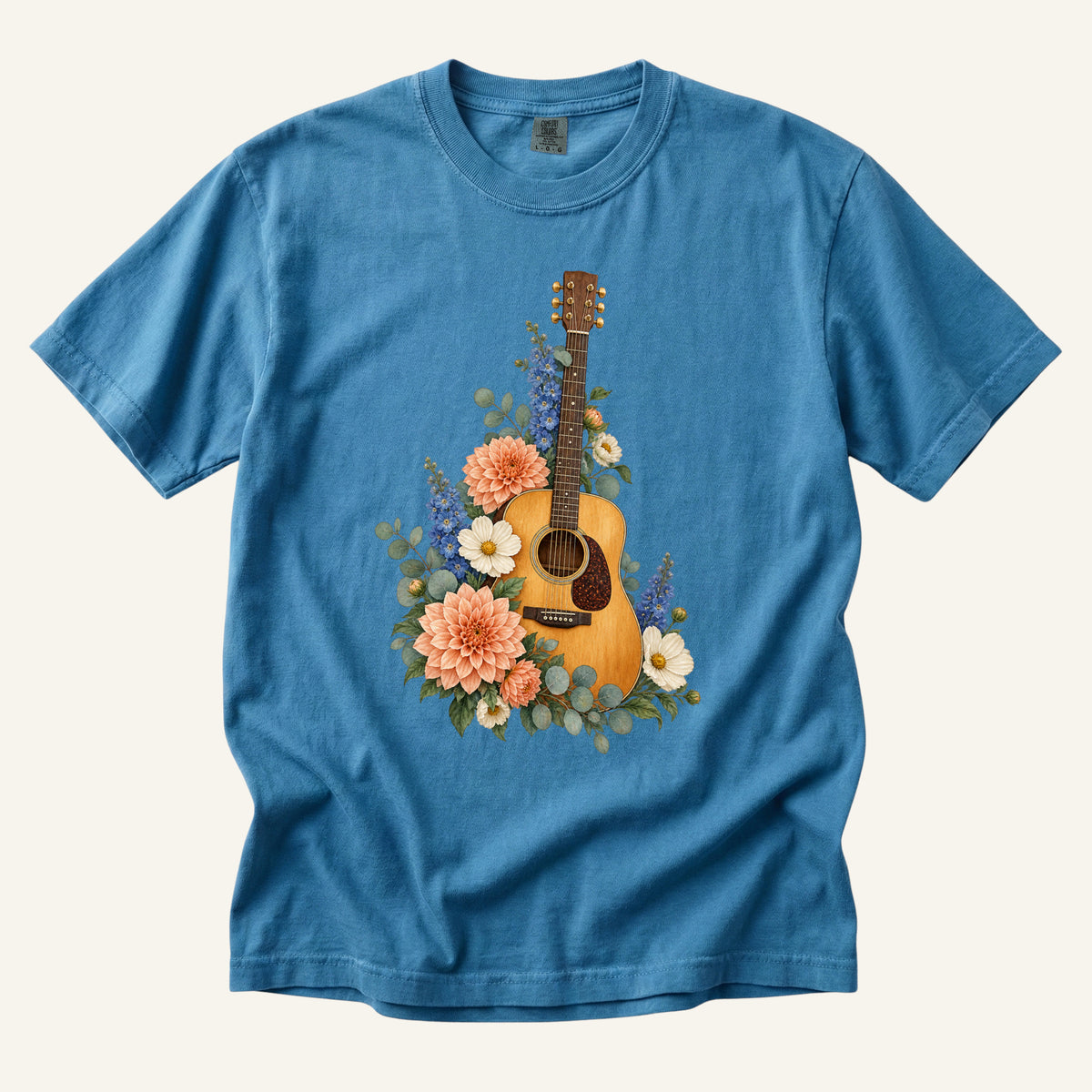 Floral Acoustic Guitar T-Shirt in Sapphire — an acoustic guitar among dahlias and delphiniums