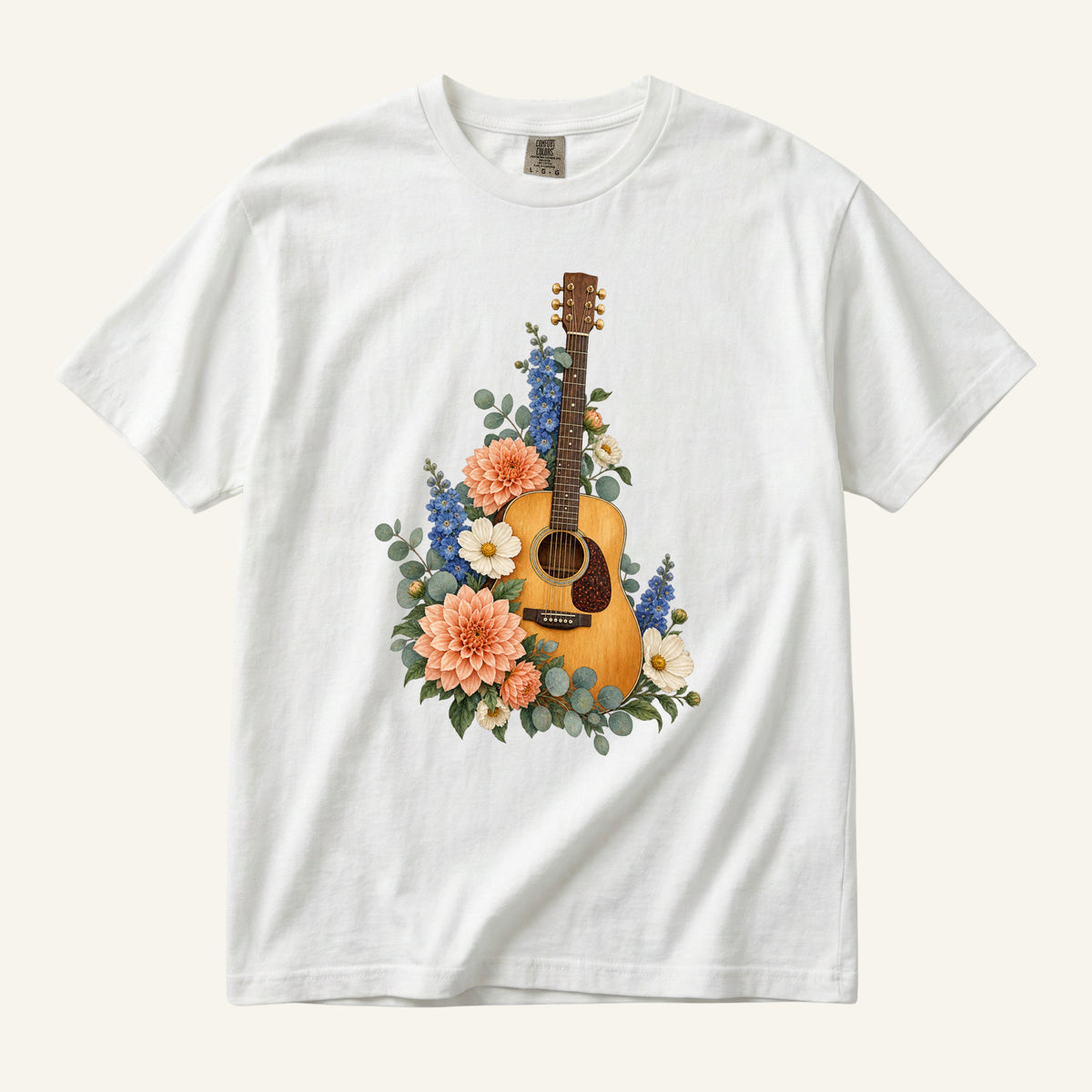 Floral Acoustic Guitar T-Shirt in White — botanical guitar watercolor, centered front print