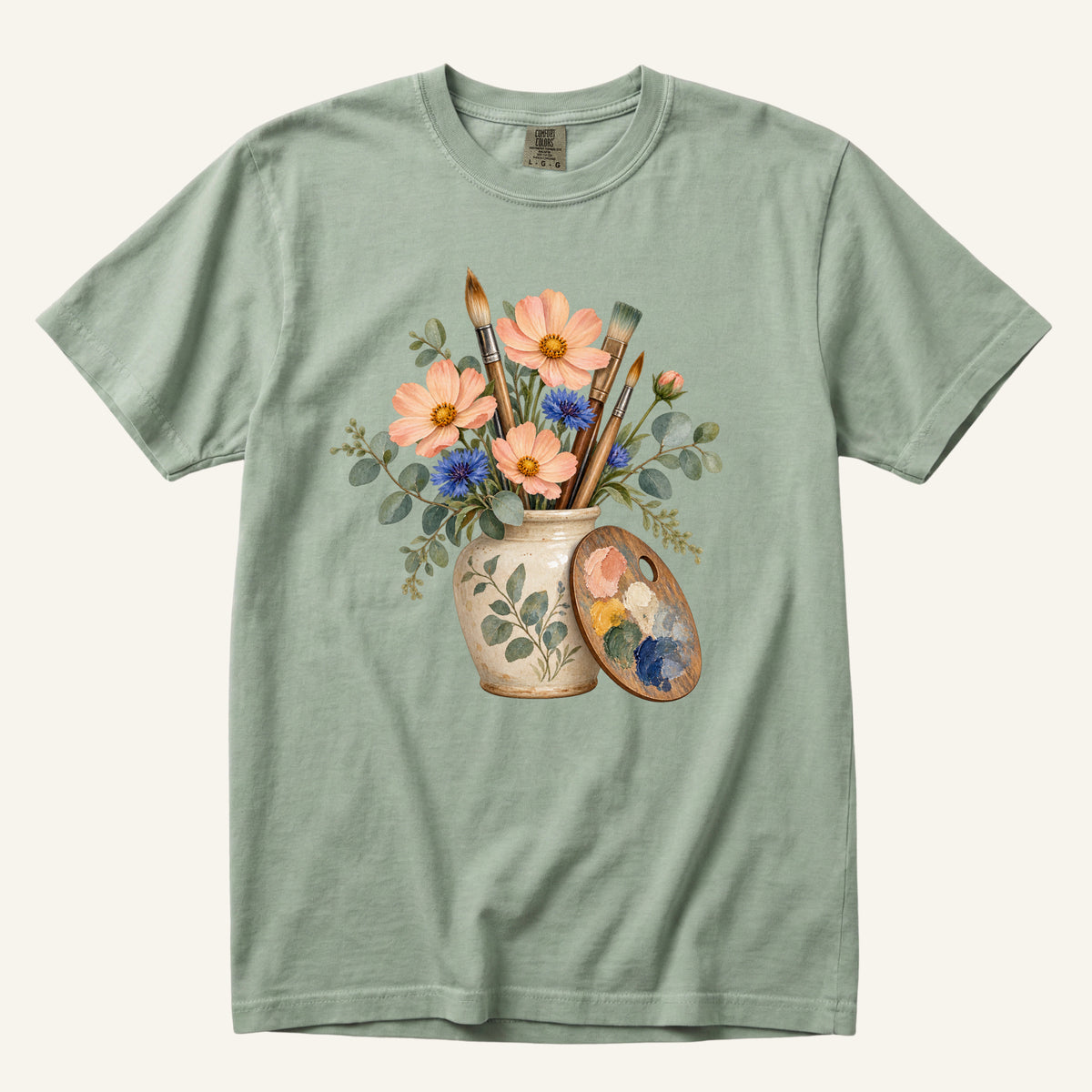 Floral Artist T-Shirt in Bay — botanical artist watercolor, centered front print