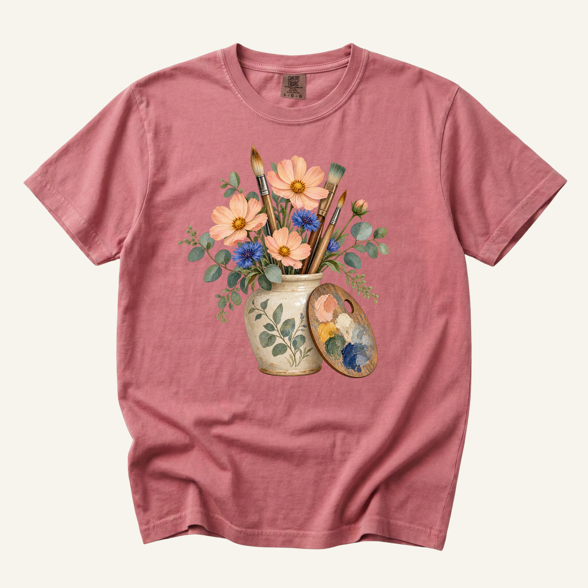 Floral Artist T-Shirt in Crimson — paintbrushes in a ceramic vase with eucalyptus, sizes S to 4XL
