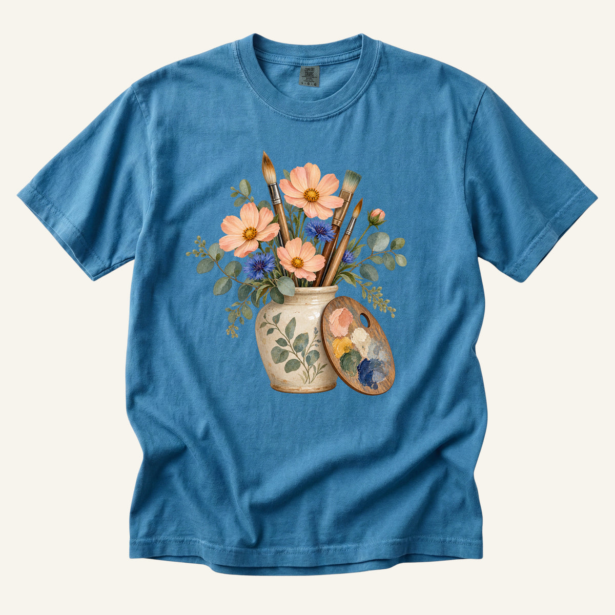 Floral Artist T-Shirt in Sapphire — botanical paintbrush and palette tee for painters