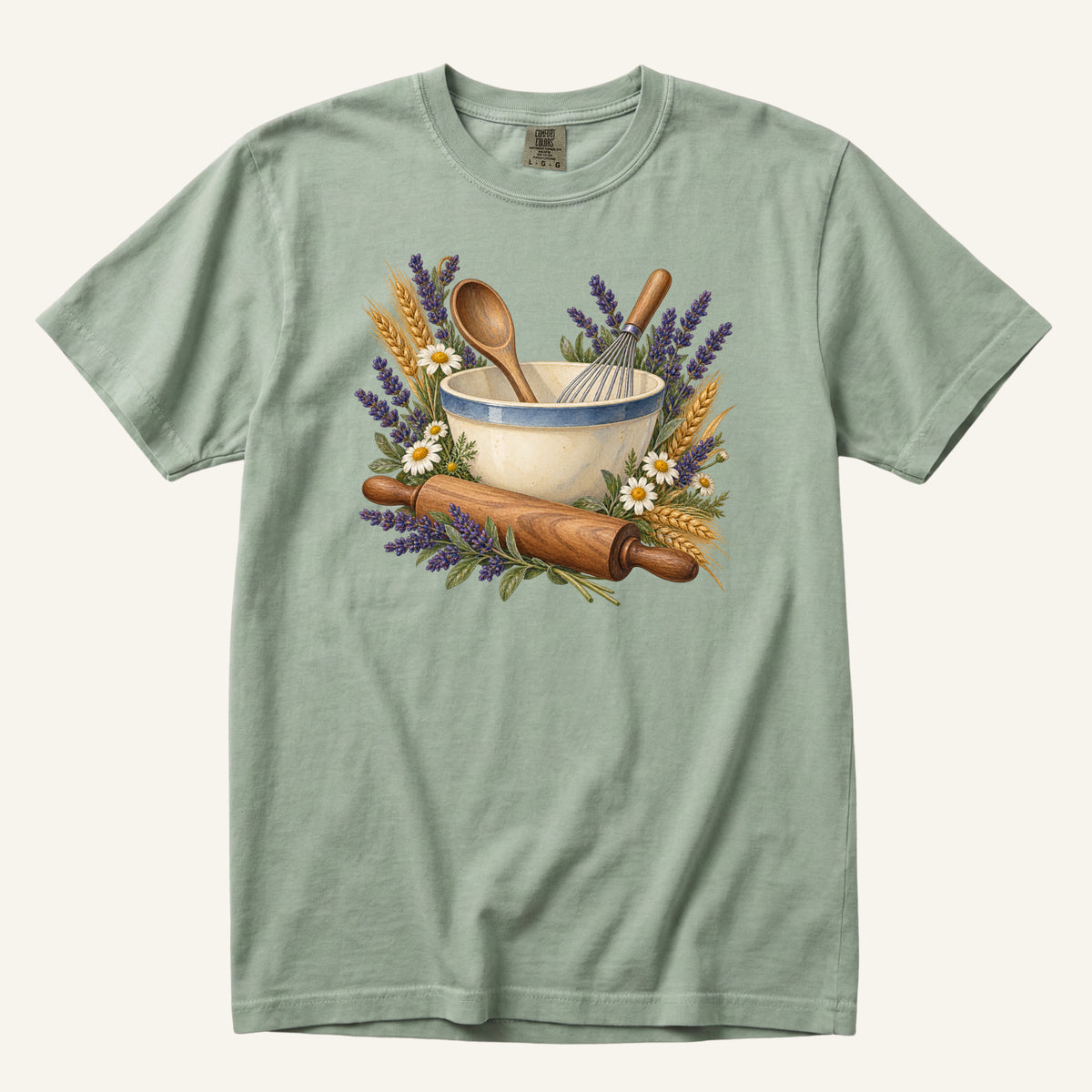 Floral Baking T-Shirt in Bay — wooden baking utensils with wildflowers, sizes S to 4XL