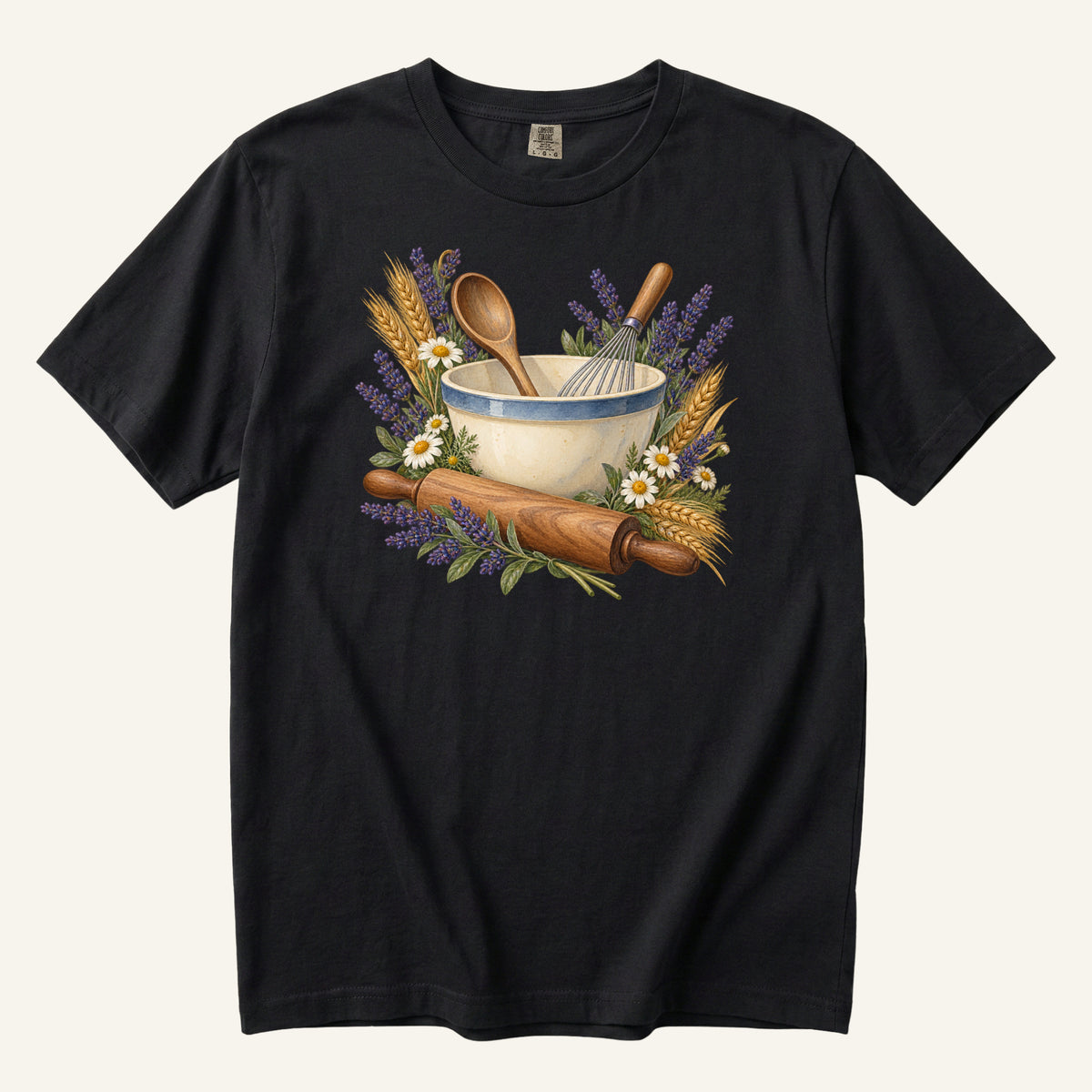 Floral Baking T-Shirt in Black — a vintage mixing bowl, whisk and rolling pin with lavender and wheat