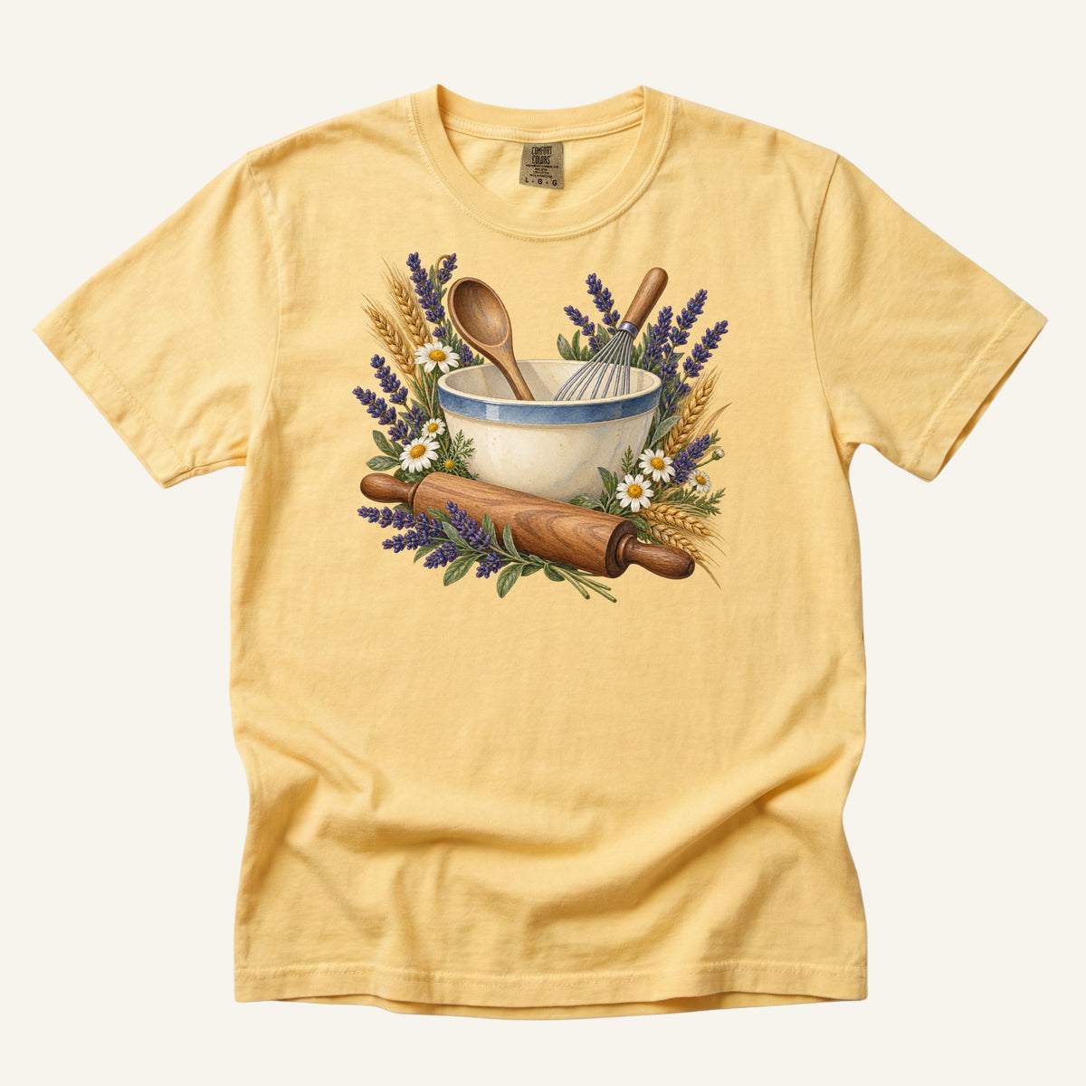 Floral Baking T-Shirt in Butter — a baker gift on garment-dyed cotton
