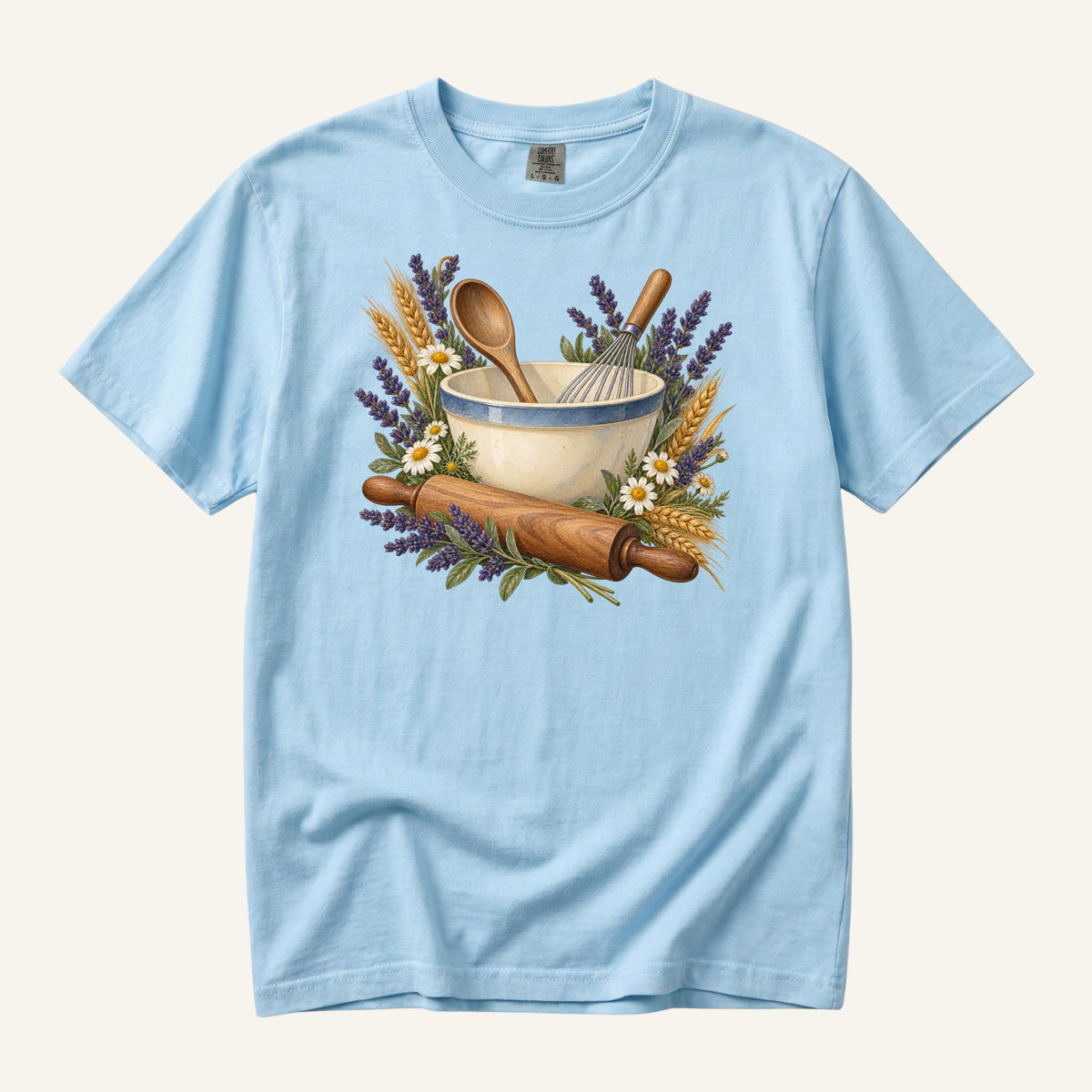 Floral Baking T-Shirt in Chambray — home baker and pastry lover gift, made to order in the USA