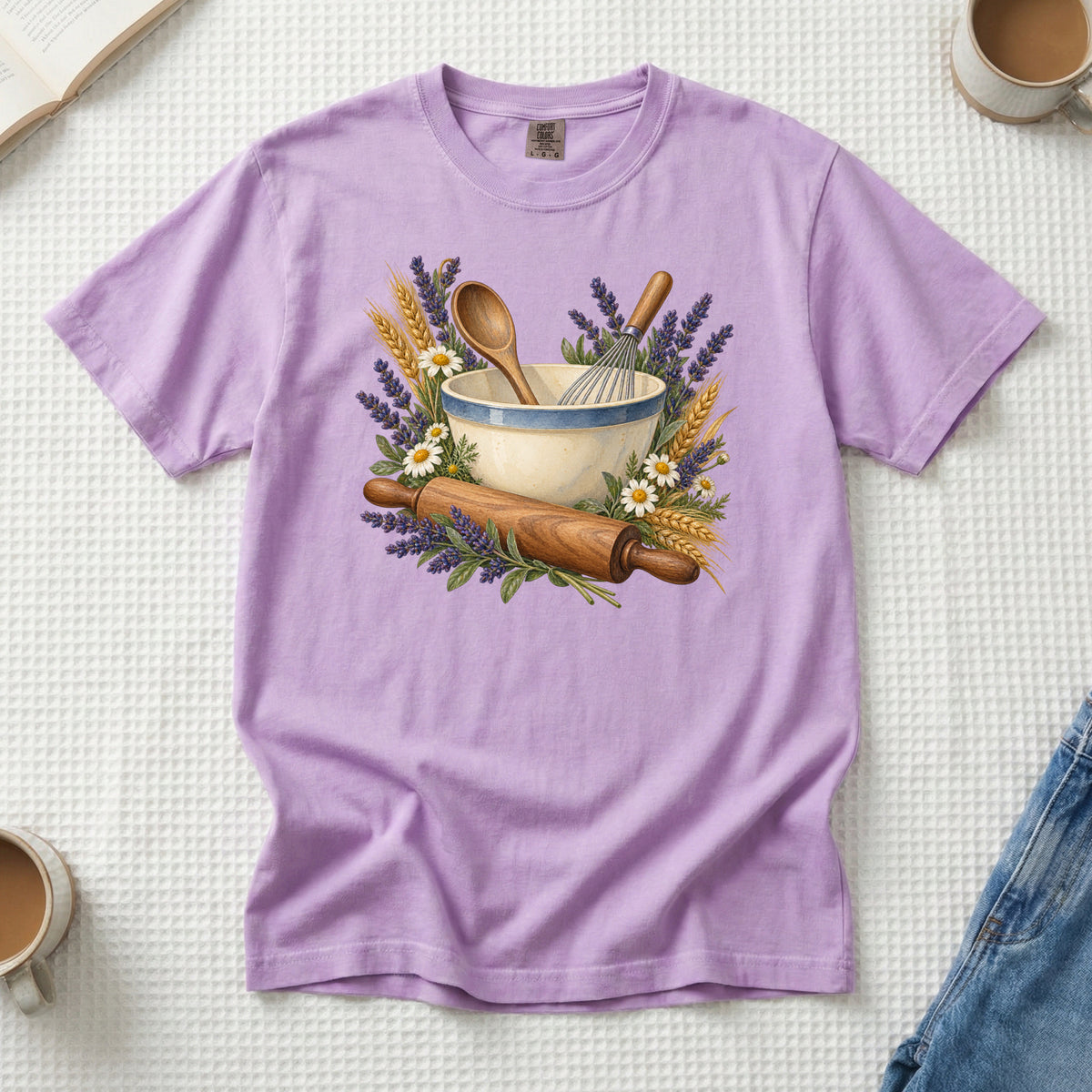 Floral Baking T-Shirt in Orchid — vintage mixing bowl and rolling pin botanical tee
