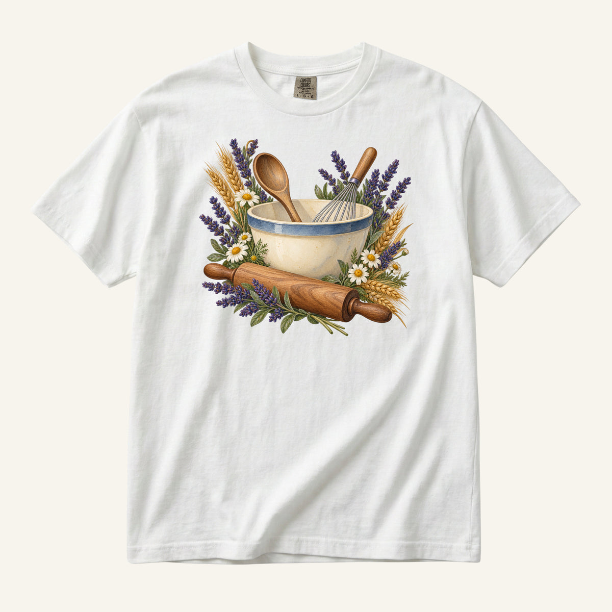 Floral Baking T-Shirt in White — botanical baking watercolor, centered front print