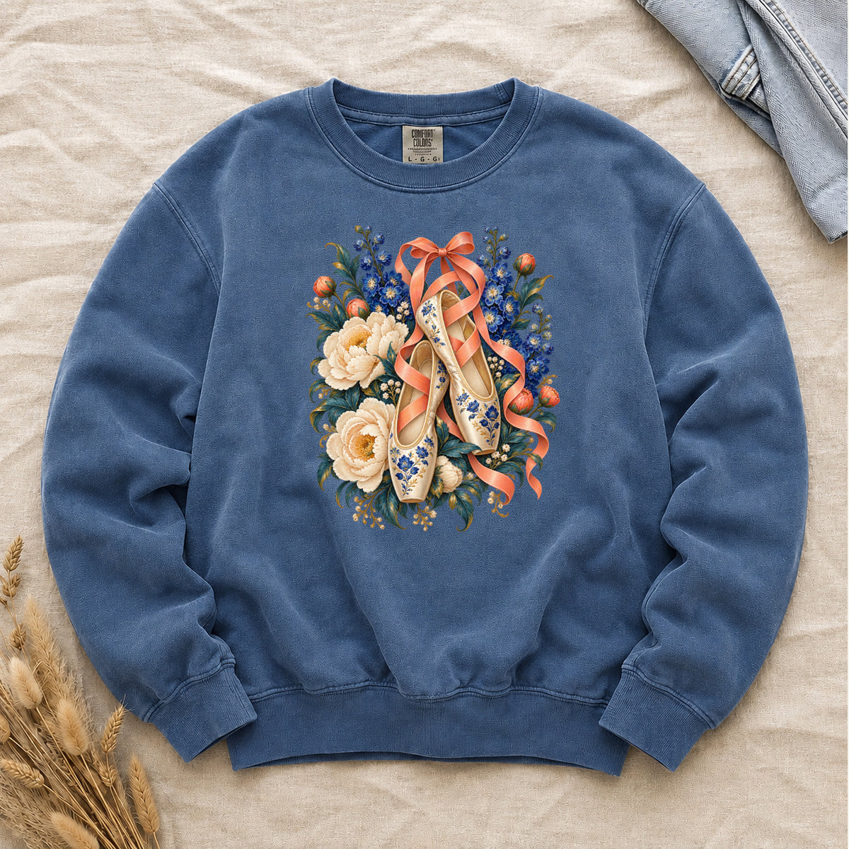 Floral Ballet Slippers Sweatshirt in Blue Jean denim — cream ballet slippers and coral ribbons in a tall floral bouquet