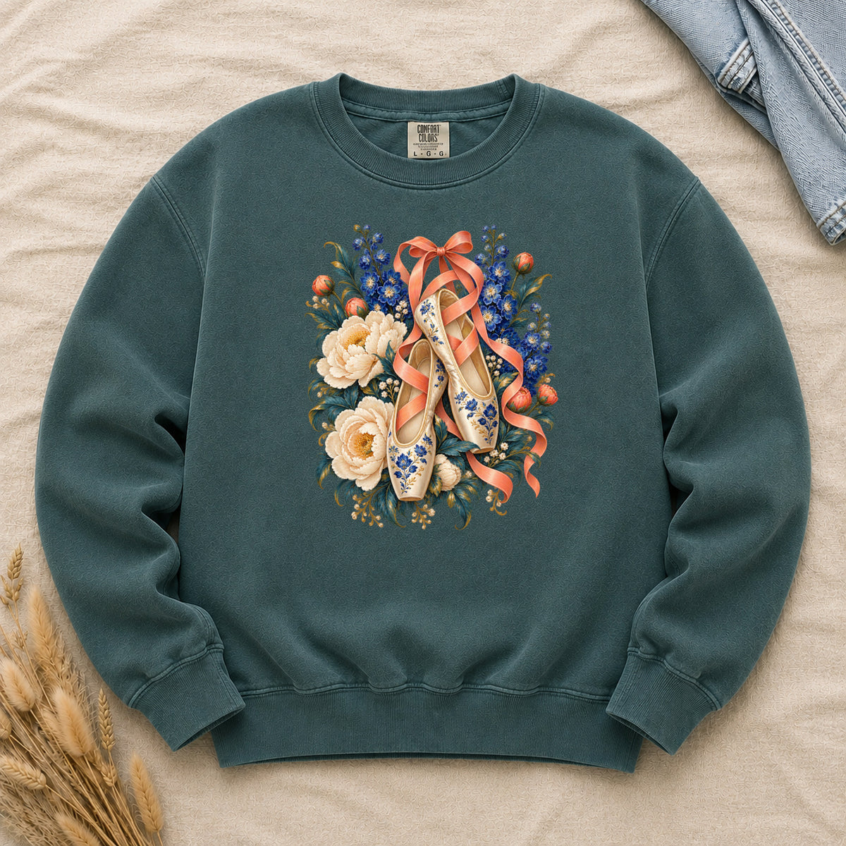 Floral Ballet Slippers Sweatshirt in Blue Spruce dark green — cream ballet slippers with coral ribbons and ivory roses