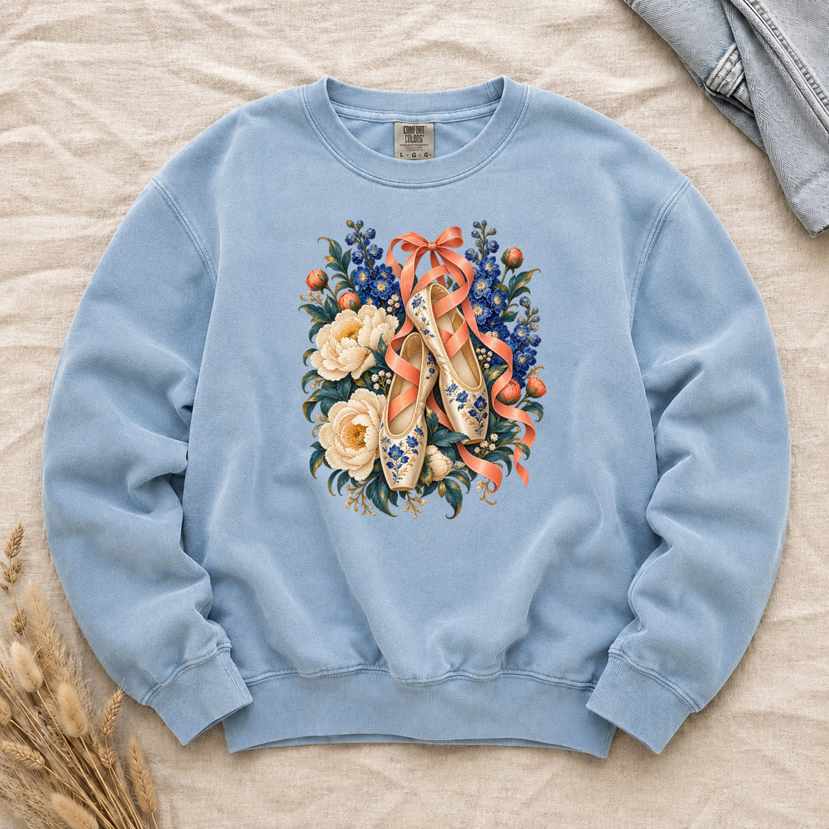 Floral Ballet Slippers Sweatshirt in Chambray light blue — ballet slippers with blue-and-gold floral ornament
