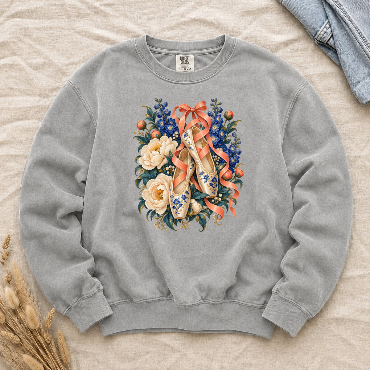 Floral Ballet Slippers Sweatshirt in Grey — cream ballet slippers, coral ribbons and deep blue blossoms