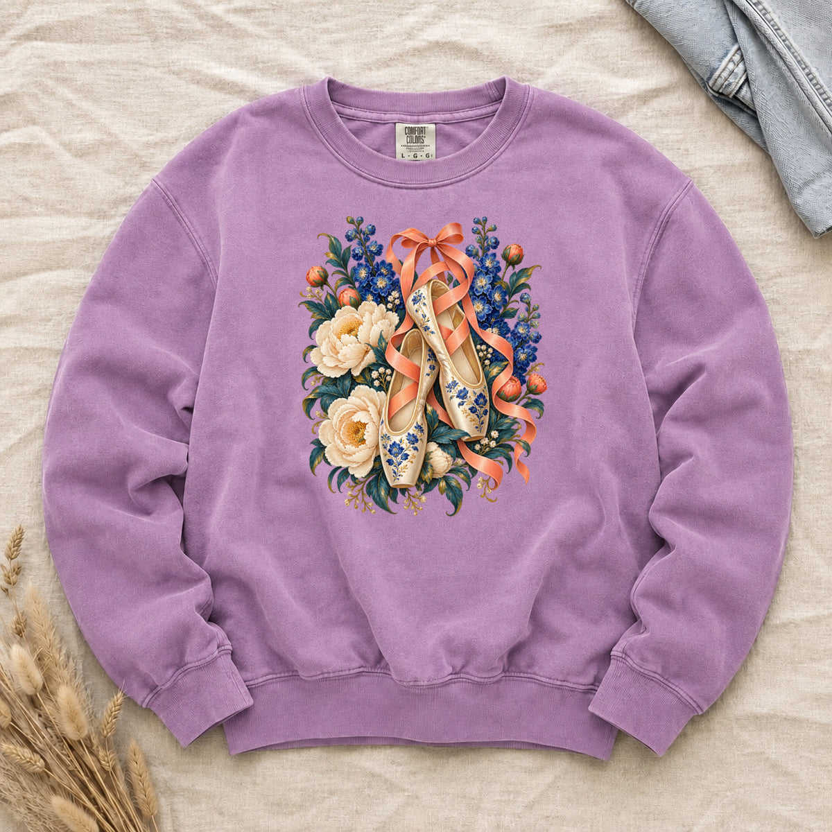 Floral Ballet Slippers Sweatshirt in Orchid soft lilac — decorated ballet slippers hanging from curling coral ribbons