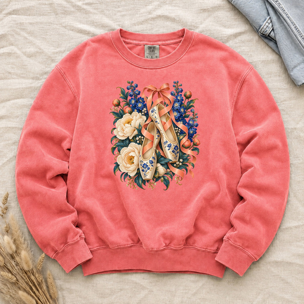 Floral Ballet Slippers Sweatshirt in Watermelon pink — cream ballet slippers in a vertical floral bouquet