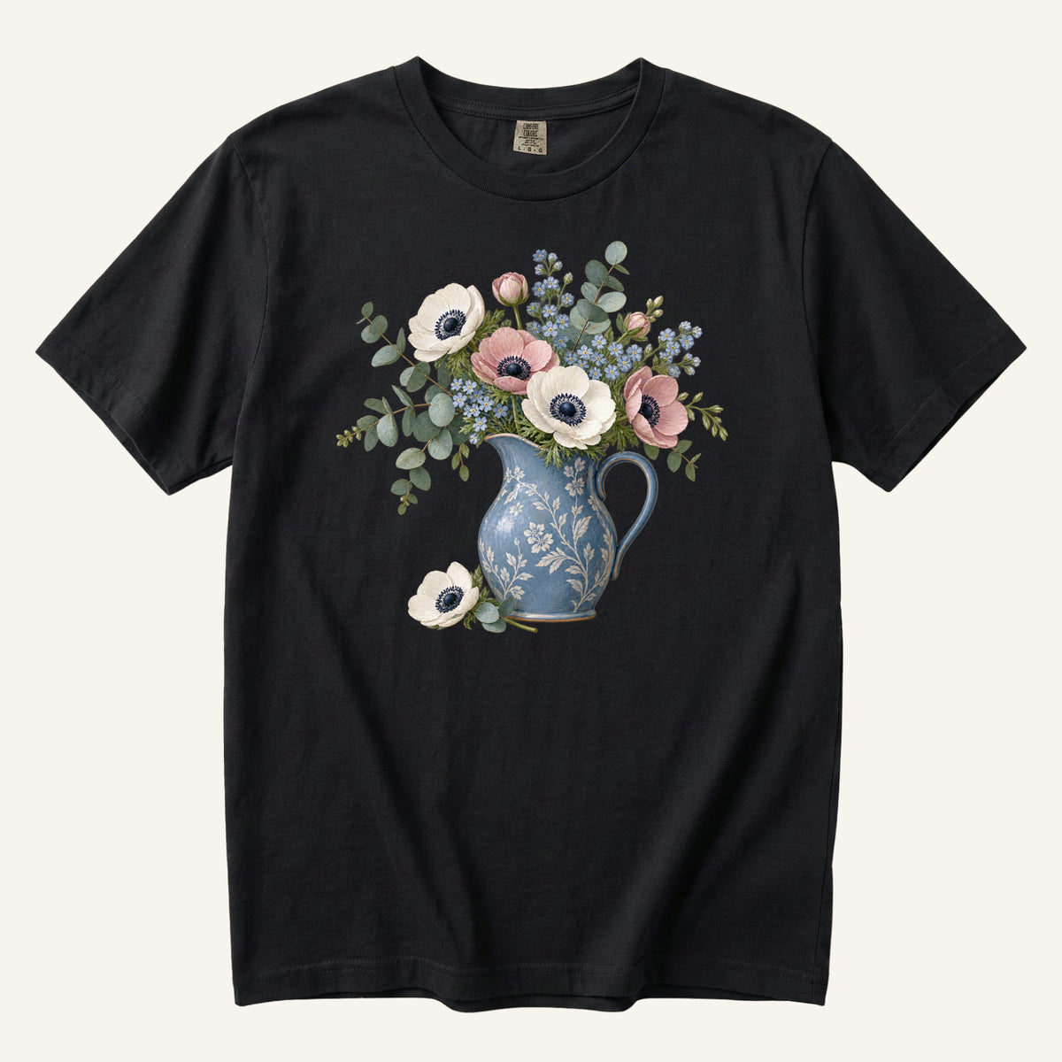Floral Blue Pitcher T-Shirt in Black — cream anemones and blue pitcher with strong contrast, sizes S to 4XL