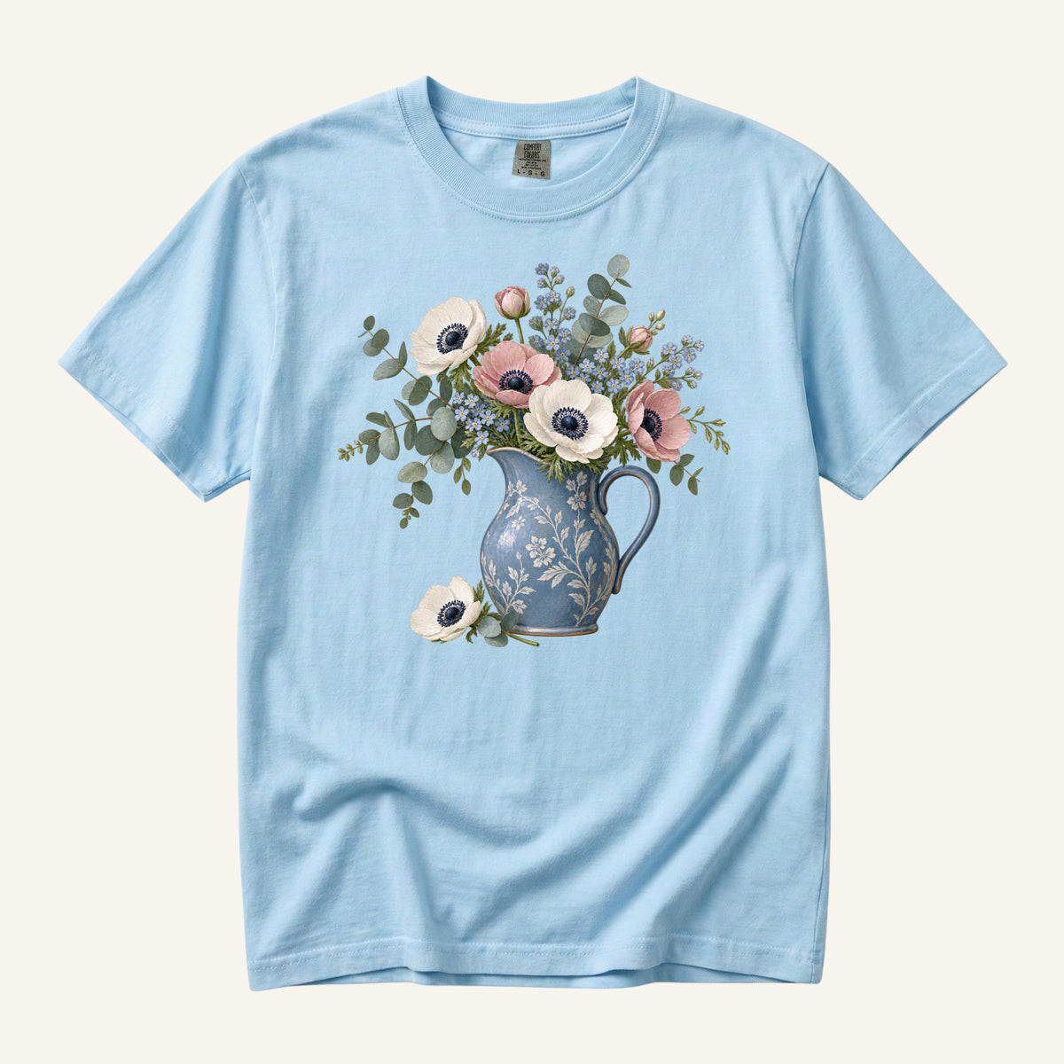 Floral Blue Pitcher T-Shirt in Chambray — a flower lover gift, made to order in the USA