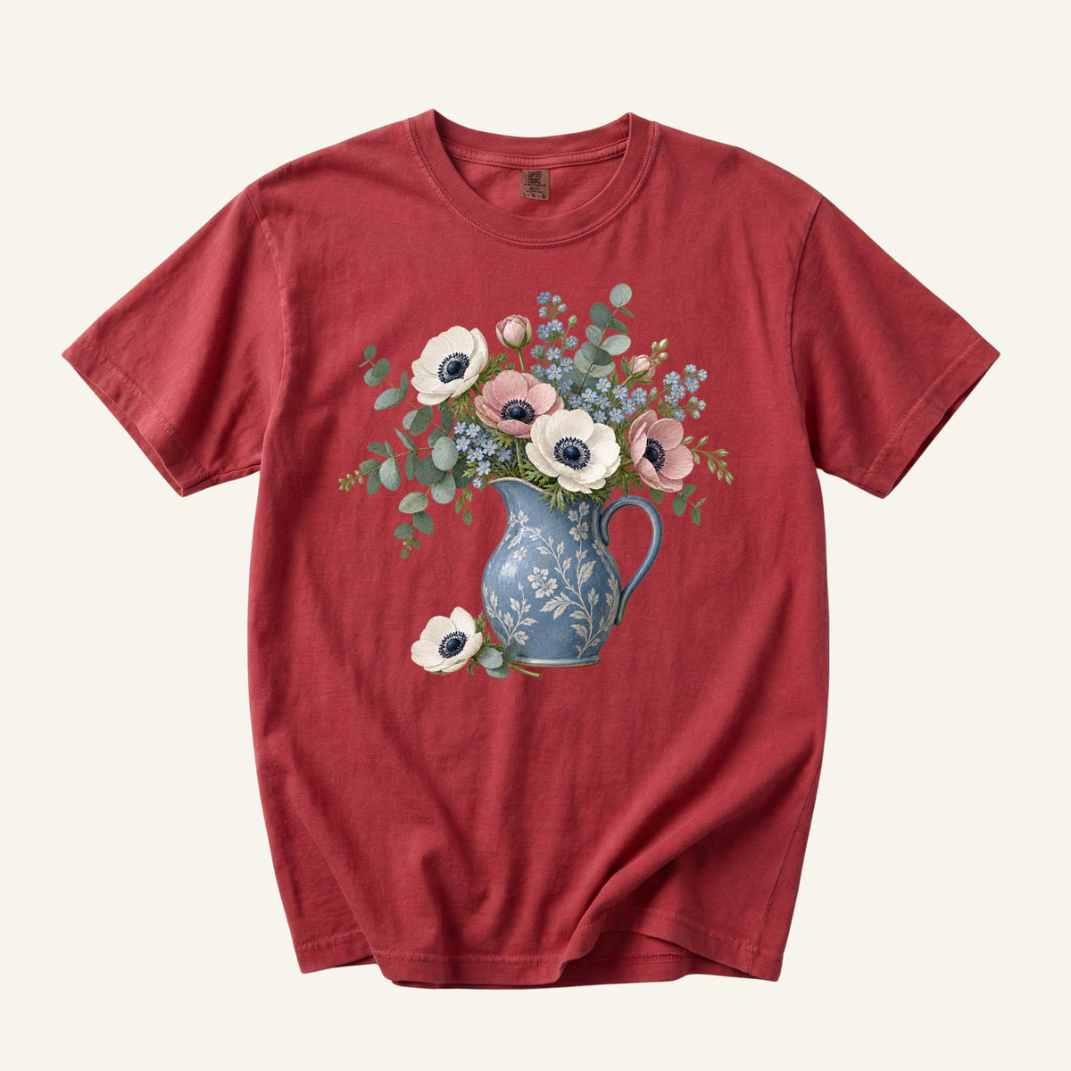 Floral Blue Pitcher T-Shirt in Chili — vintage floral still life tee with anemones and foliage