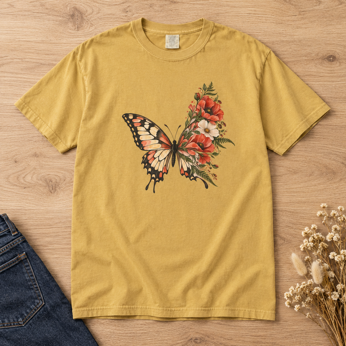 Floral Butterfly Wing T-Shirt — Garment-Dyed Cotton