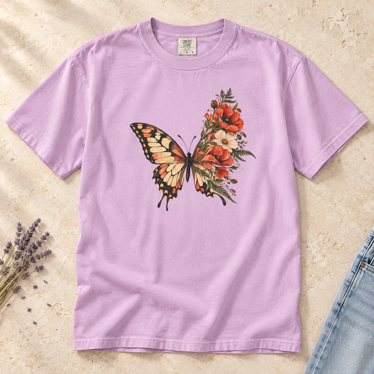 Floral Butterfly Wing T-Shirt — Garment-Dyed Cotton