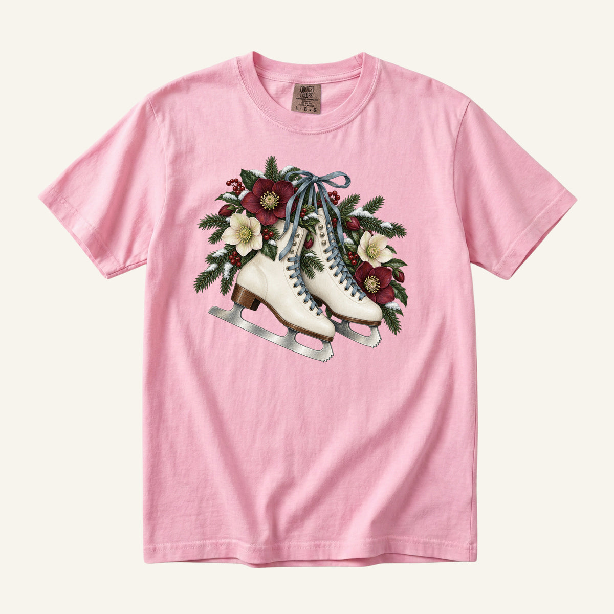 Floral Ice Skates T-Shirt in Blossom — soft romantic winter botanical with ivory skates