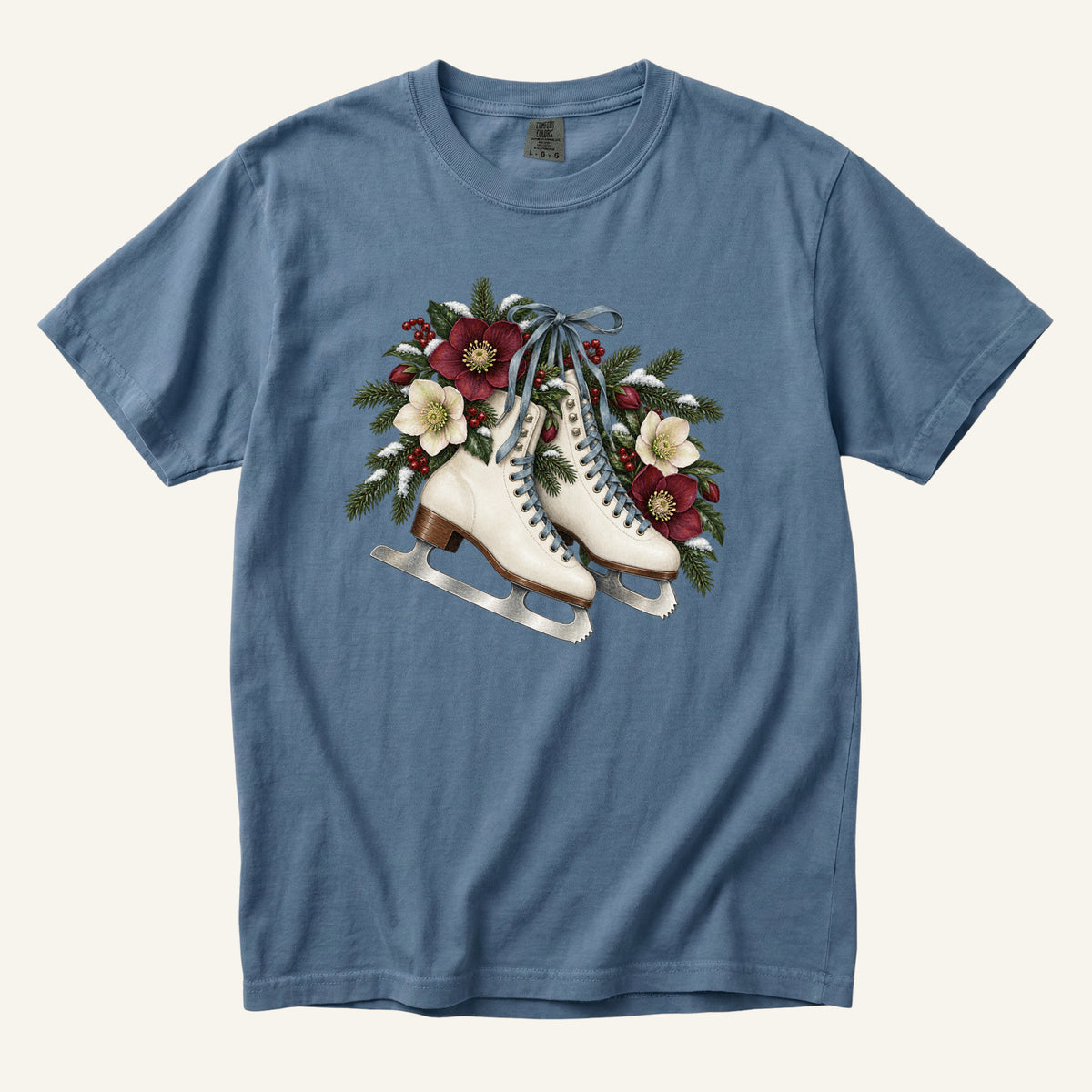 Floral Ice Skates T-Shirt in Blue Jean — vintage ivory ice skates with blue-grey laces, evergreen and burgundy flowers