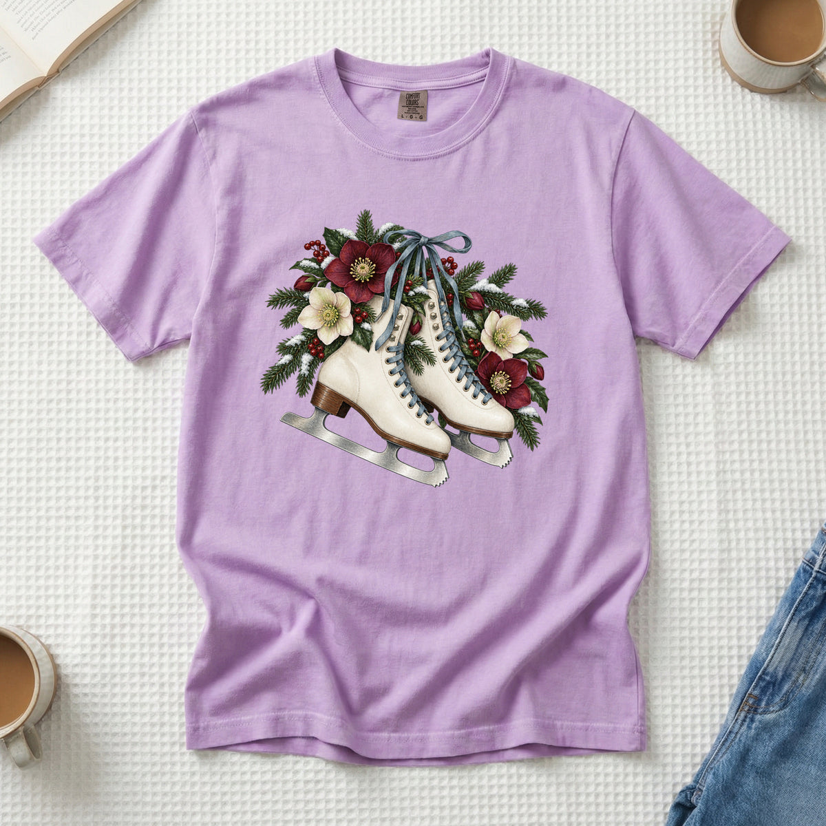 Floral Ice Skates T-Shirt in Orchid — a figure skating gift on garment-dyed cotton