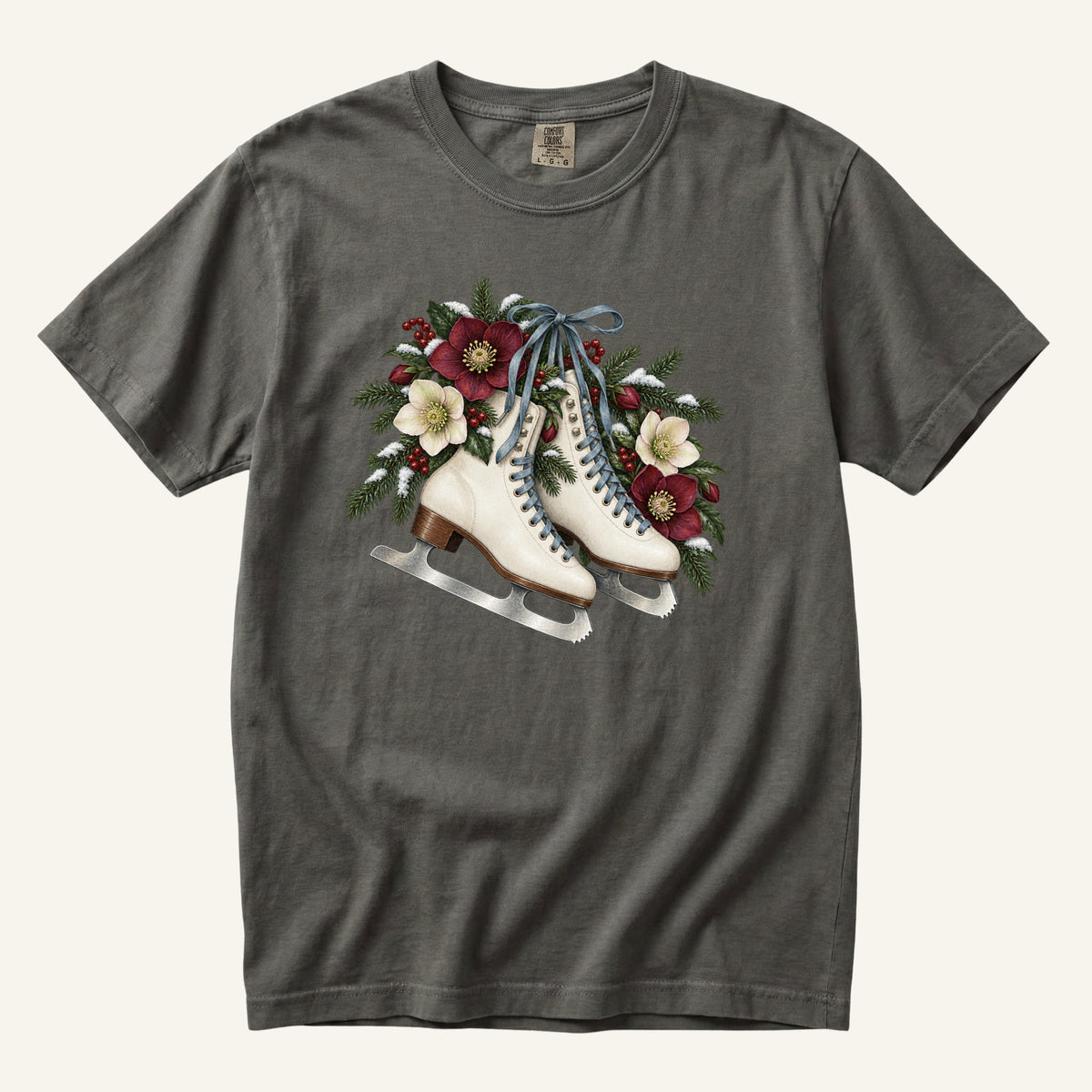 Floral Ice Skates T-Shirt in Pepper — vintage skating and evergreen print, made to order in the USA
