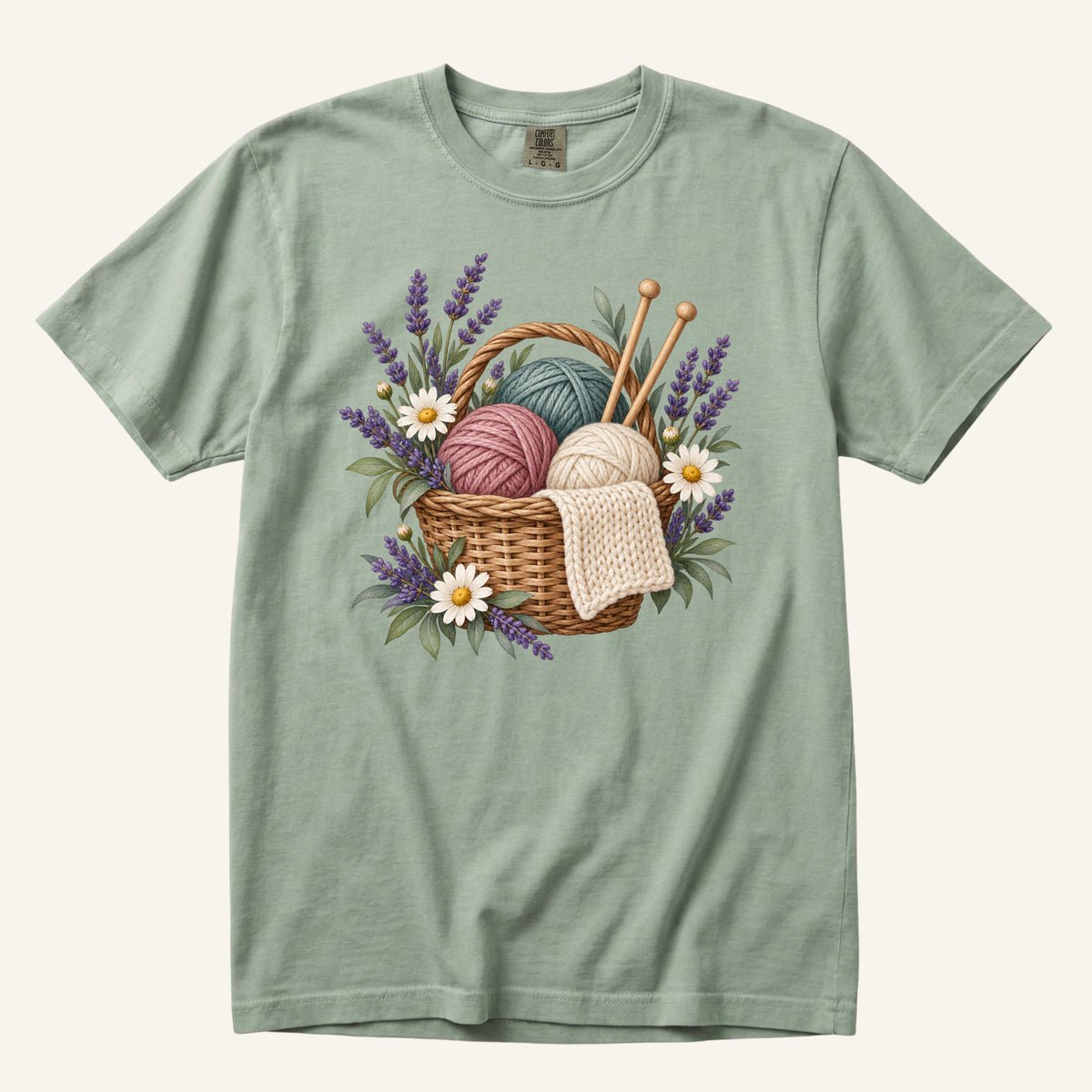 Floral Knitting T-Shirt in Bay — yarn basket and knitting needles, sizes S to 4XL