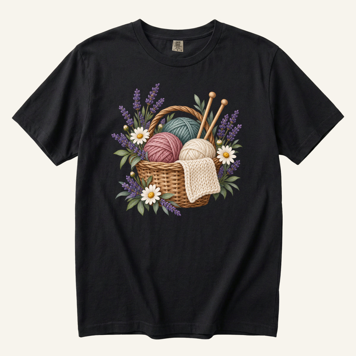 Floral Knitting T-Shirt in Black — a gift for knitters on garment-dyed cotton