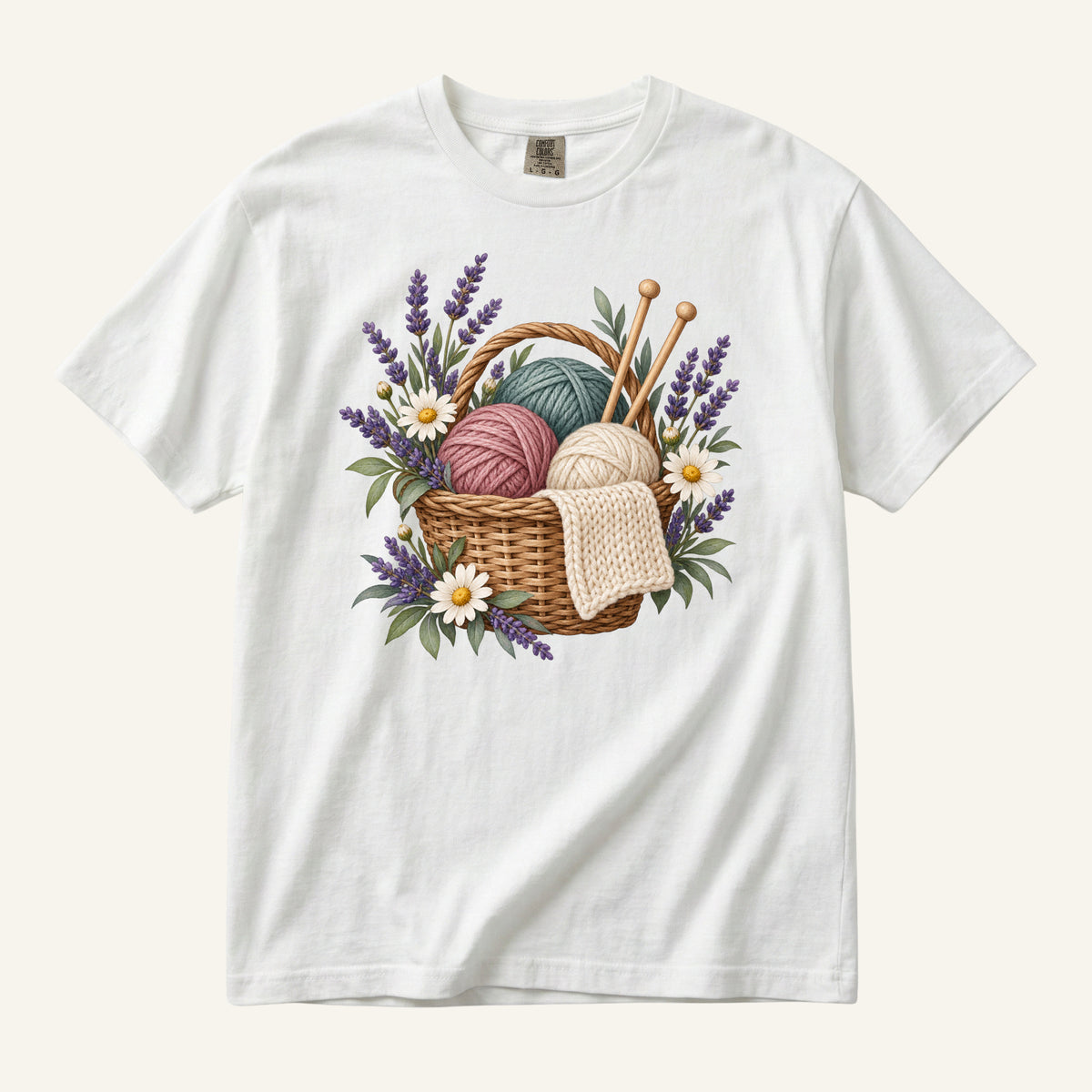 Floral Knitting T-Shirt in White — botanical knitting watercolor, centered front print