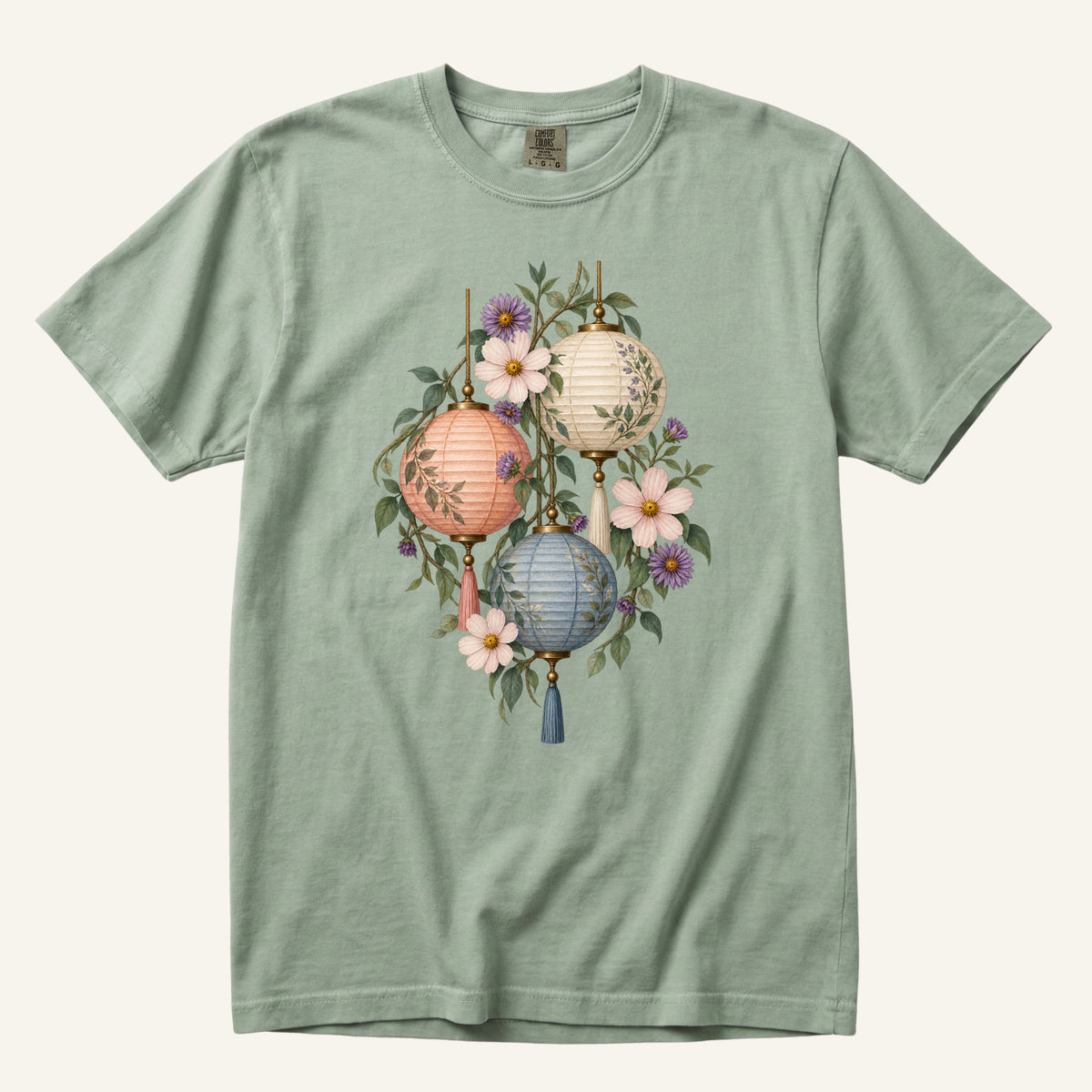 Floral Paper Lantern T-Shirt in Bay — blush, ivory and dusty blue lanterns with tassels, sizes S to 4XL