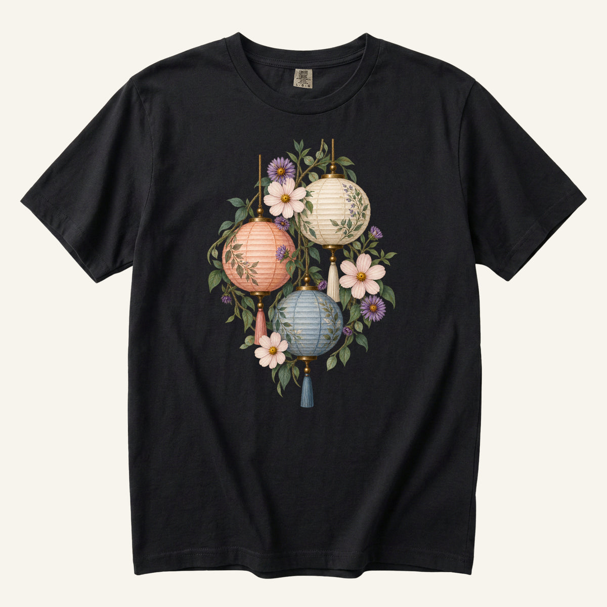 Floral Paper Lantern T-Shirt in Black — three vintage paper lanterns among climbing greenery and garden flowers