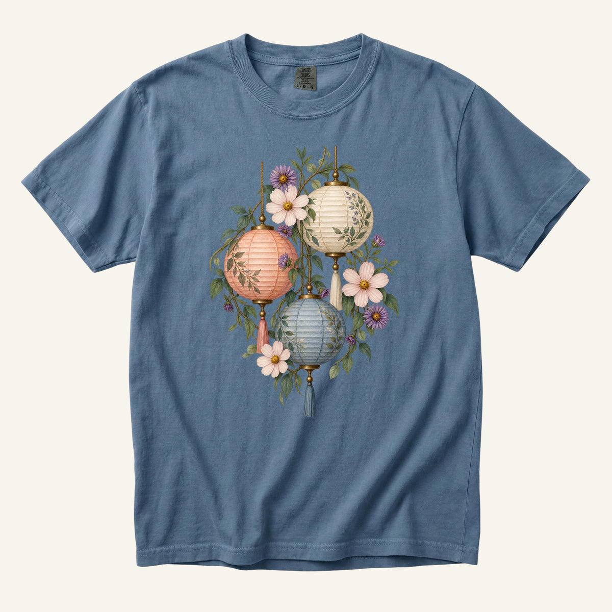Floral Paper Lantern T-Shirt in Blue Jean — evening garden lanterns and flowers, made to order in the USA