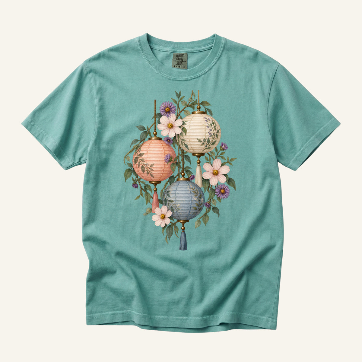 Floral Paper Lantern T-Shirt in Chalky Mint — vintage paper lanterns with climbing vines