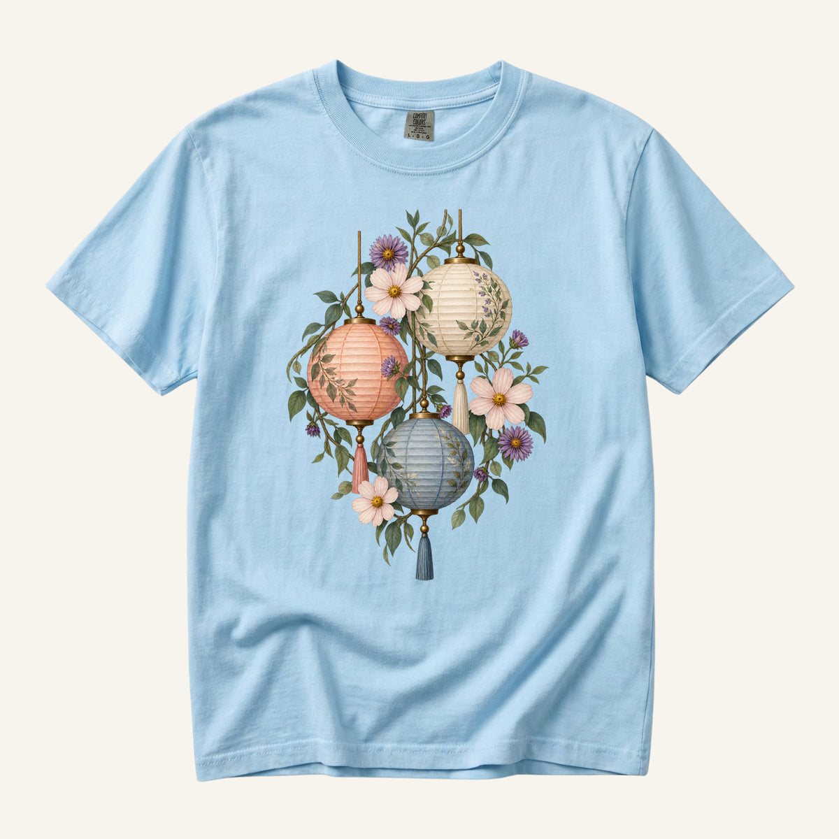 Floral Paper Lantern T-Shirt in Chambray — botanical garden lantern tee with antique-gold detail