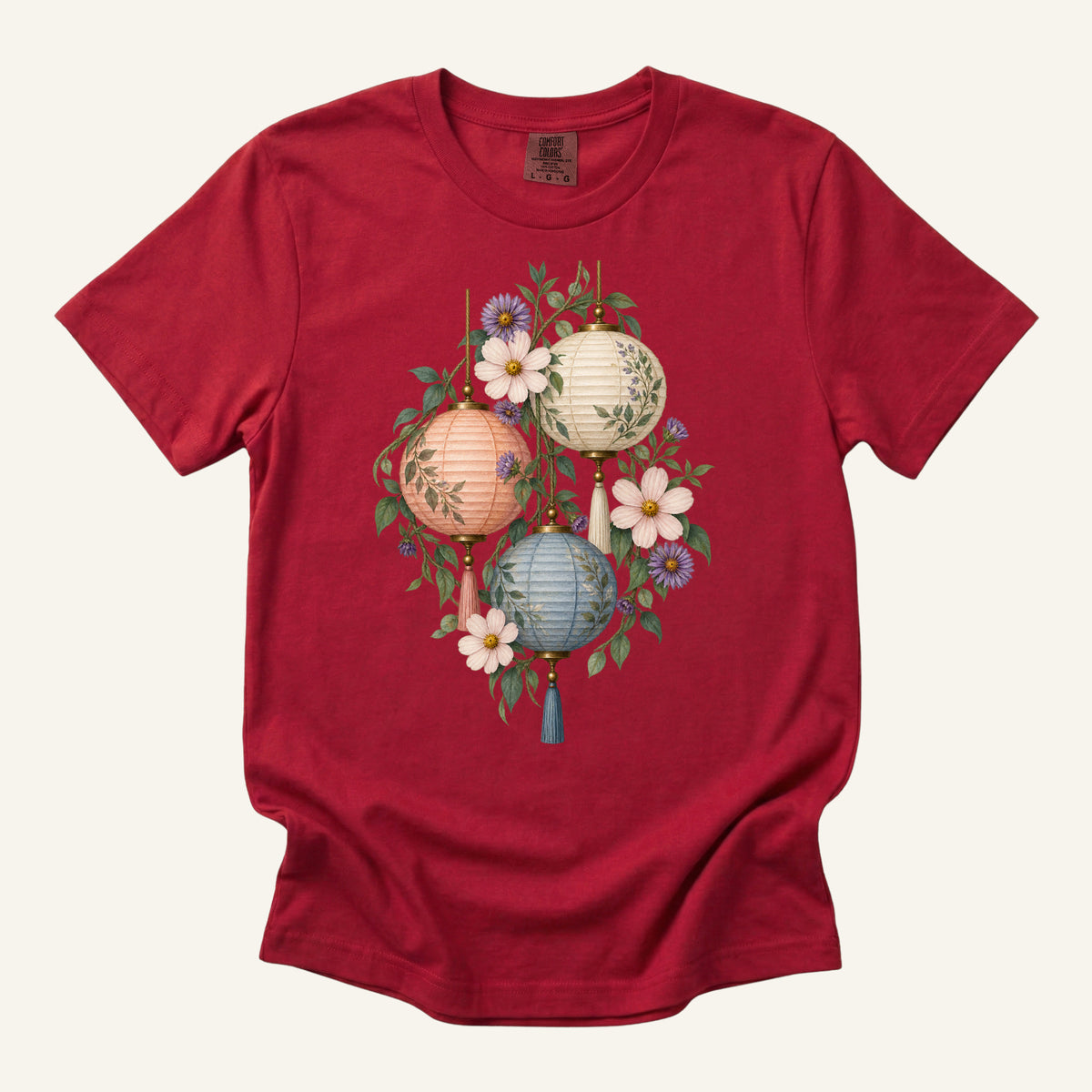 Floral Paper Lantern T-Shirt in Red — botanical lantern watercolor, centered front print