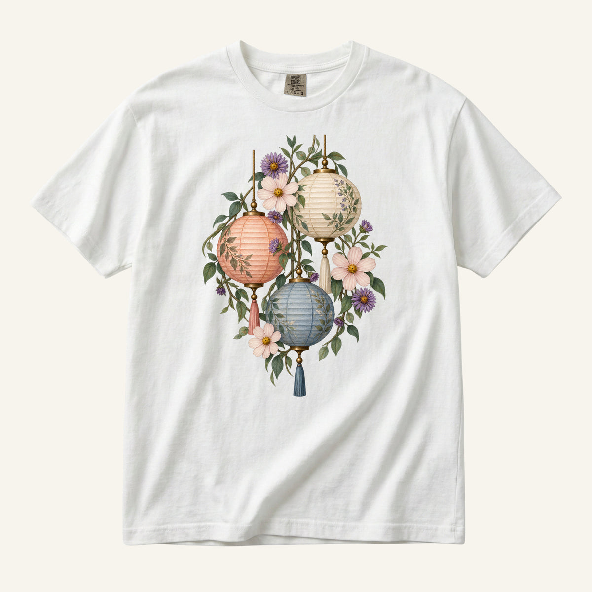 Floral Paper Lantern T-Shirt in White — a gardener and flower lover gift on garment-dyed cotton
