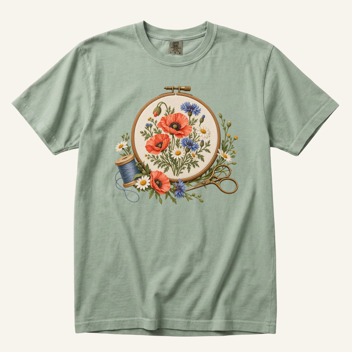 Floral Sewing T-Shirt in Bay — botanical sewing hoop watercolor, centered front print