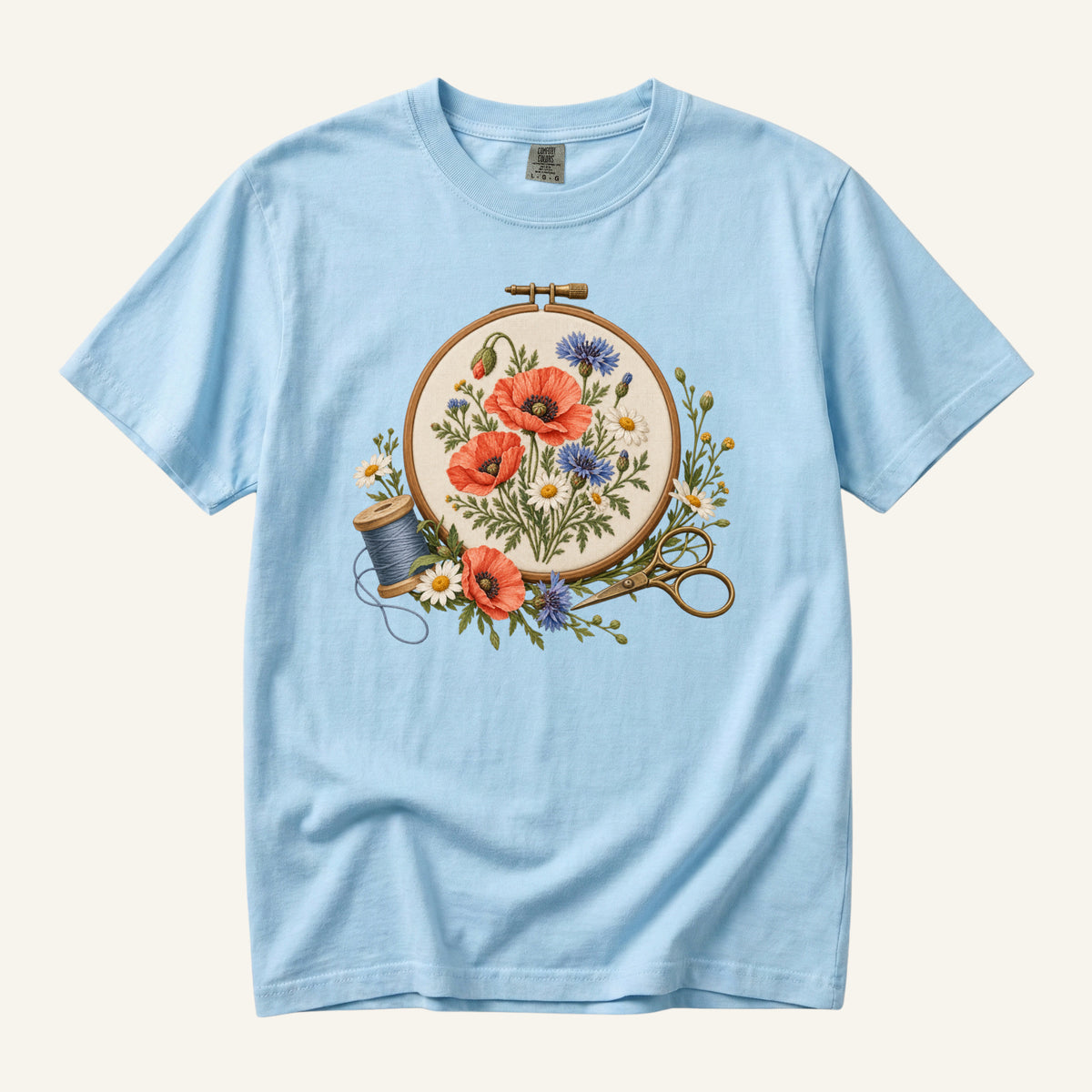 Floral Sewing T-Shirt in Chambray — vintage spool and sewing scissors with wildflowers, sizes S to 4XL