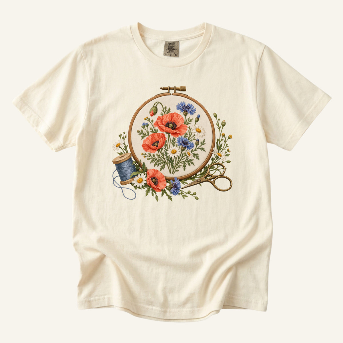 Floral Sewing T-Shirt in Ivory — needlework and embroidery gift, made to order in the USA